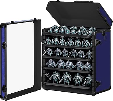 Miniatures Storage Case for Collectibles, Figurine Display Case with 2 Locks & 5 Removable Metal Trays, Miniature Storage & Transport Box with Handle, Aluminum Alloy Frame, Blue