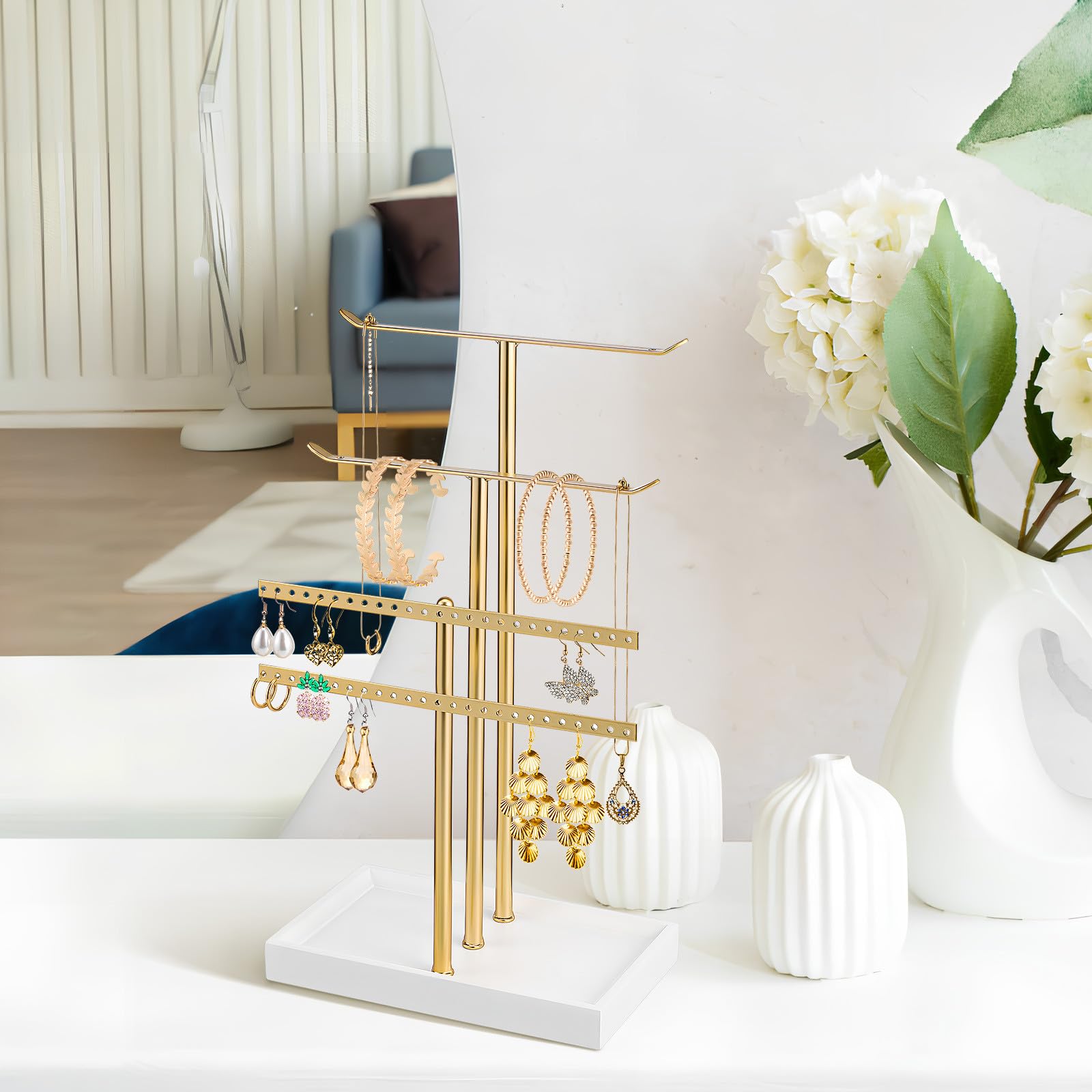 INOOMP Soporte Organizador de Joyas de Metal Múltiples Niveles, Almacenamiento Versátil y Diseño Elegante para Collares y Pendientes en Escritorio
