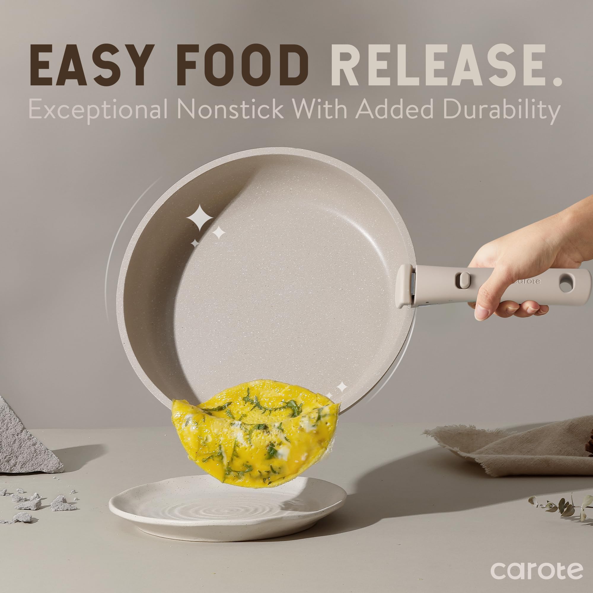 CAROTE Set di 19 pezzi di pentole e padelle antiaderenti, set di pentole con manico staccabile, set da cucina a induzione con manico rimovibile, cucina per camper, adatto al forno, colore: taupe