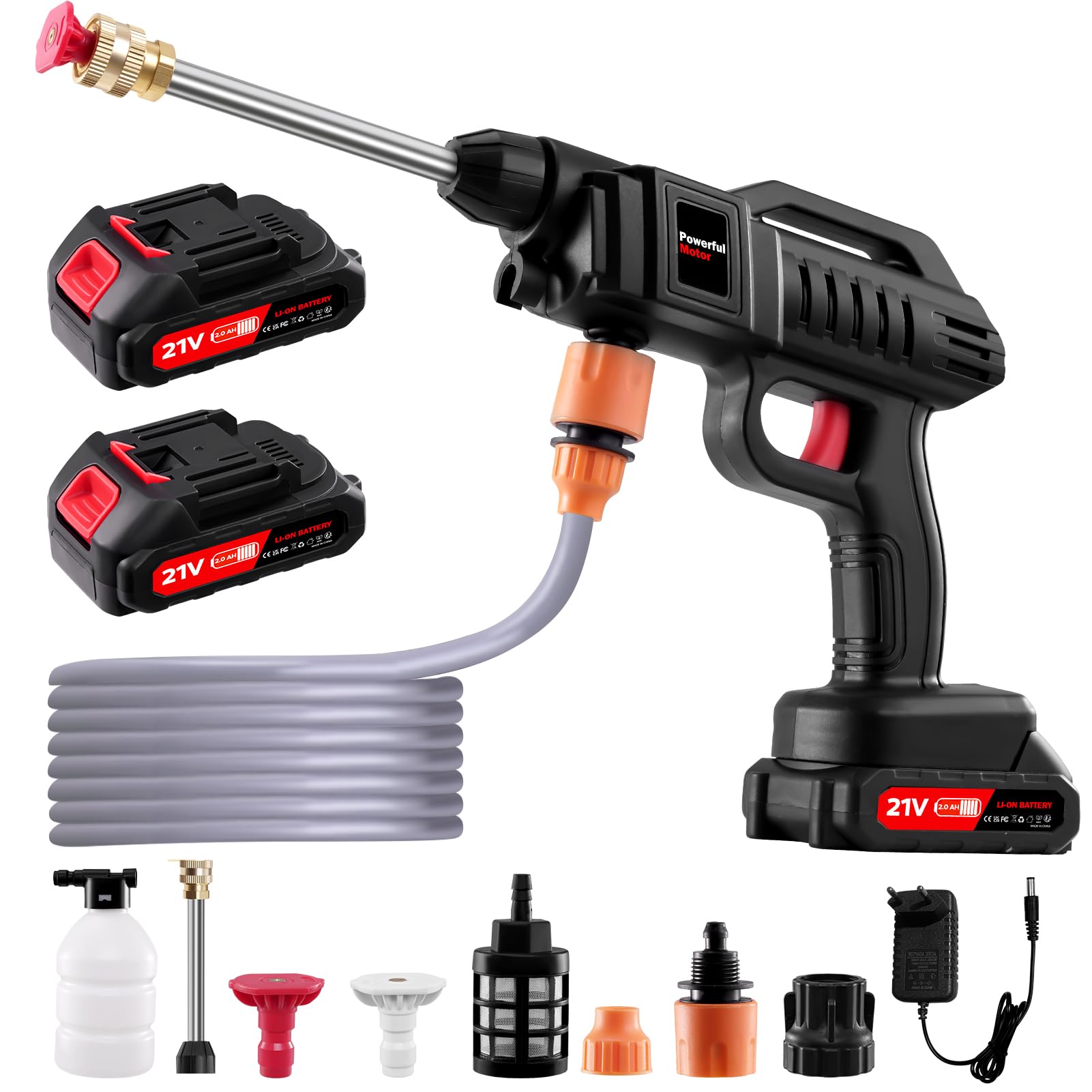 Idropulitrice portatile ad alta pressione a batteria, 21V, senza fili, per auto a mano con 2 ugelli, pulitore potente per irrigazione, pulizia, lavaggio auto, 2 batterie, 60 bar