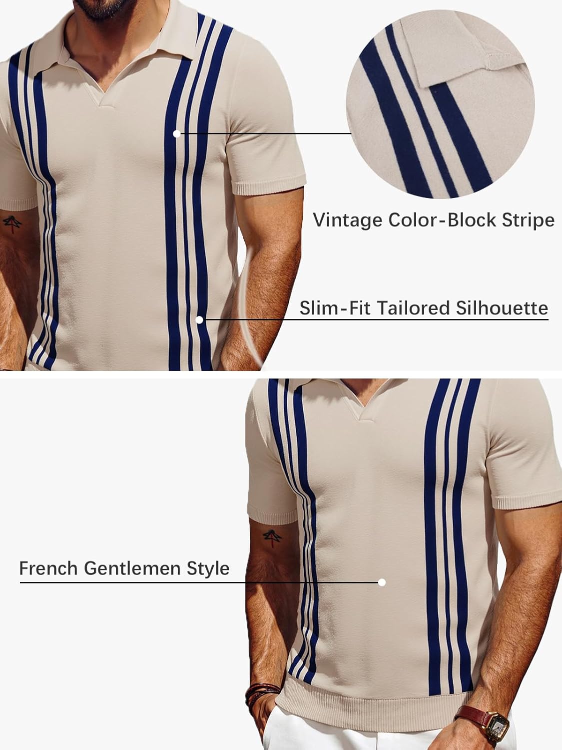 Les umes Mens Polo Shirts Vintage Stripe V-Neck Short Sleeve Knit Cotton Summer Golf Casual Shirts - Image 5