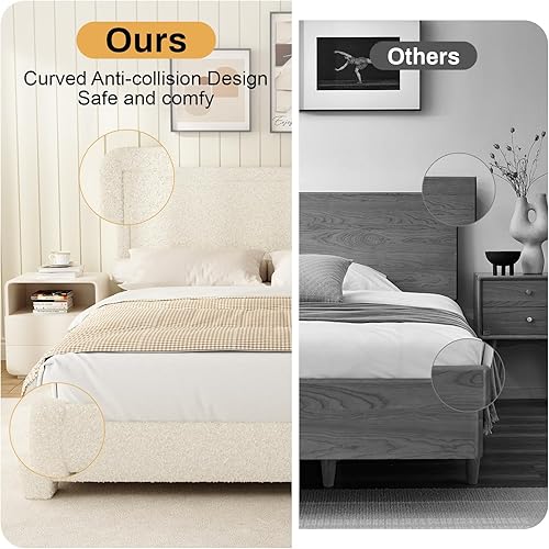 Miniatura 7 de WEUP Marco de cama Boucle de tamaño matrimonial, marco de cama moderno con cabecero, esquinas redondeadas suaves, no requiere somier, cabecera