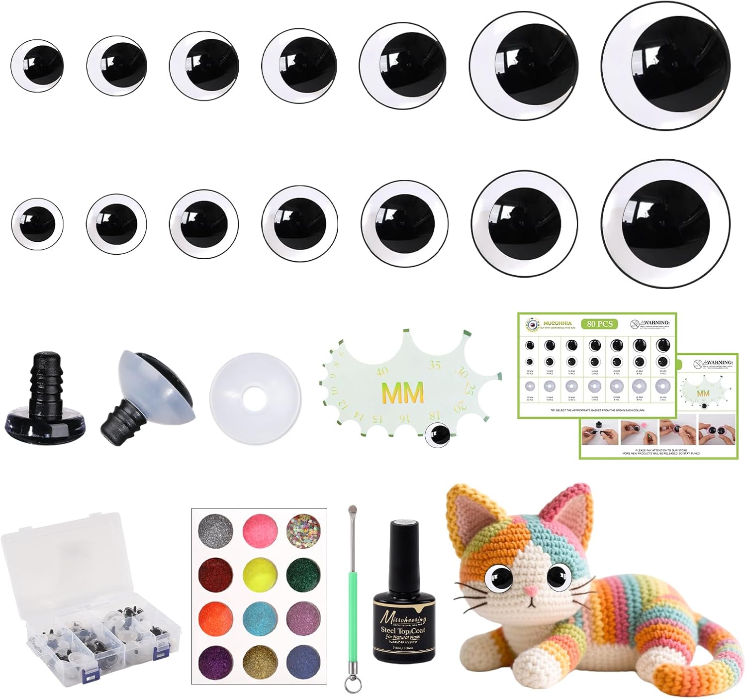 MUCUNNIA 160PCS Clear Safety Eyes 12-30MM Safety Eyes for Crocheting with Washers DIY Clear Moon Safety Eyes for Amigurumi 3D Moon Crochet Eyes Doll Eyes for Animals Crochet Toy Christmas Decorations