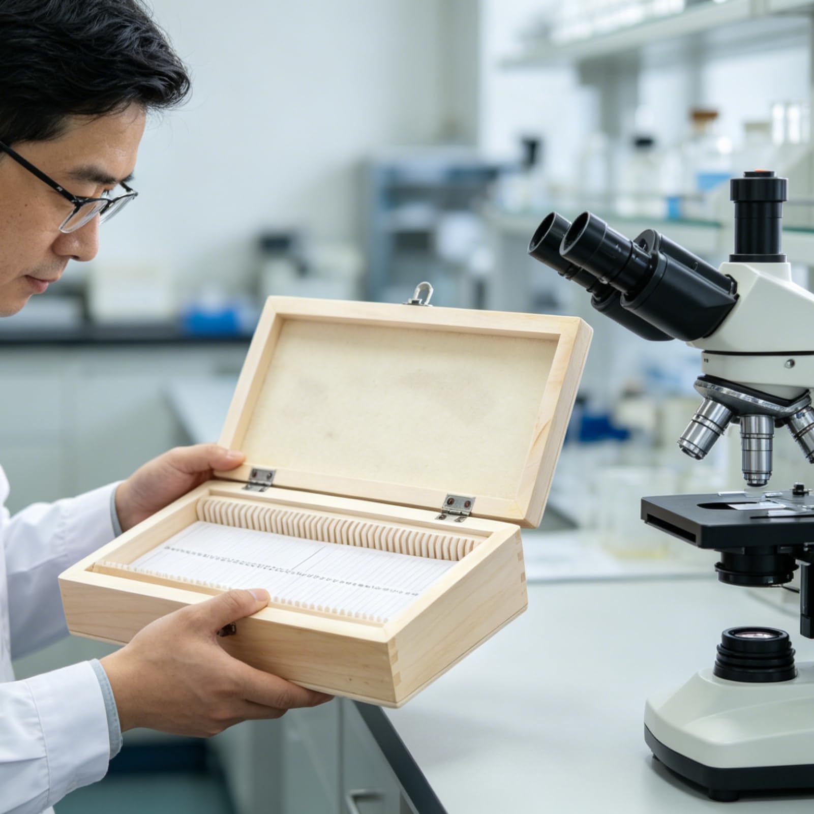Coffret en Bois pour Lames de Microscope 50 Diapositives Boîte de Rangement 23x10,6x3,5cm