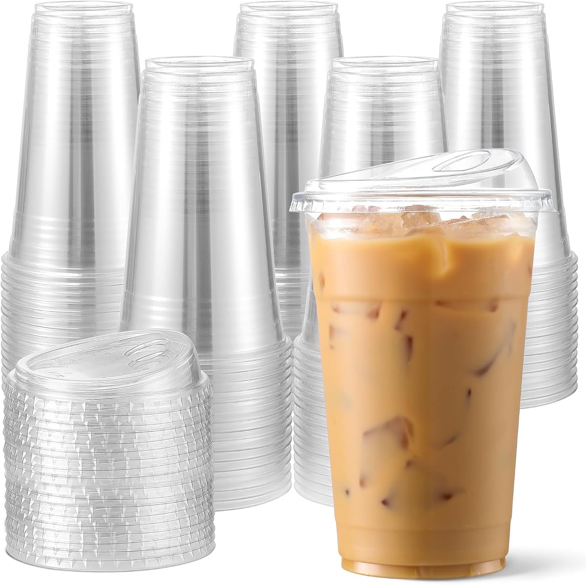 AOZITA Paquete de 100 vasos de plástico de 16 oz con tapas sin pajita, tazas de café helado con tapas sin BPA, vasos transparentes desechables, tazas para llevar para batidos, bebidas de fiesta, té de burbujas, bebidas frías