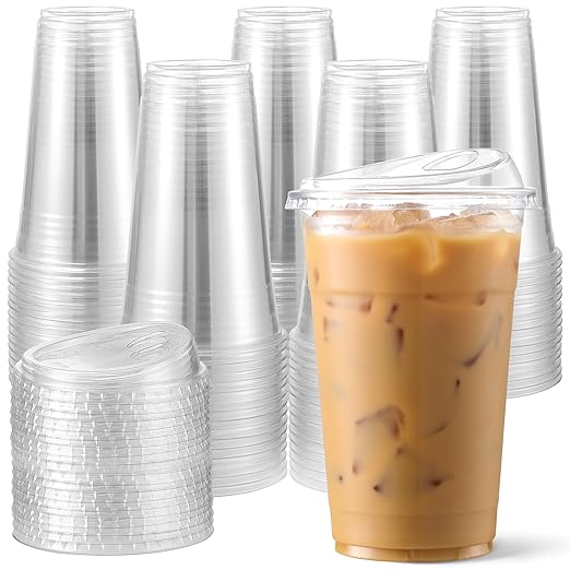 AOZITA 100 Pack 16 oz Plastic Cups With Strawless Sip-Lids,