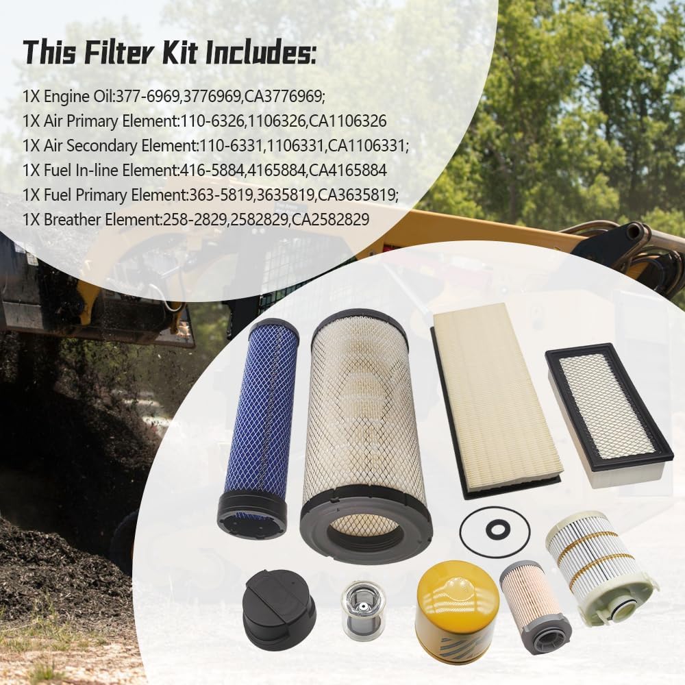 1000 Hours Maintenance Filter Kit Fit for CAT 236D 242D 246D 259D 279D 289D | for 299D 299D2 262D 272D 272D2 257D, Filter Kit Replace 258-2829 265-6619 265-6618 421-5479 377-6969 416-5884 363-5819