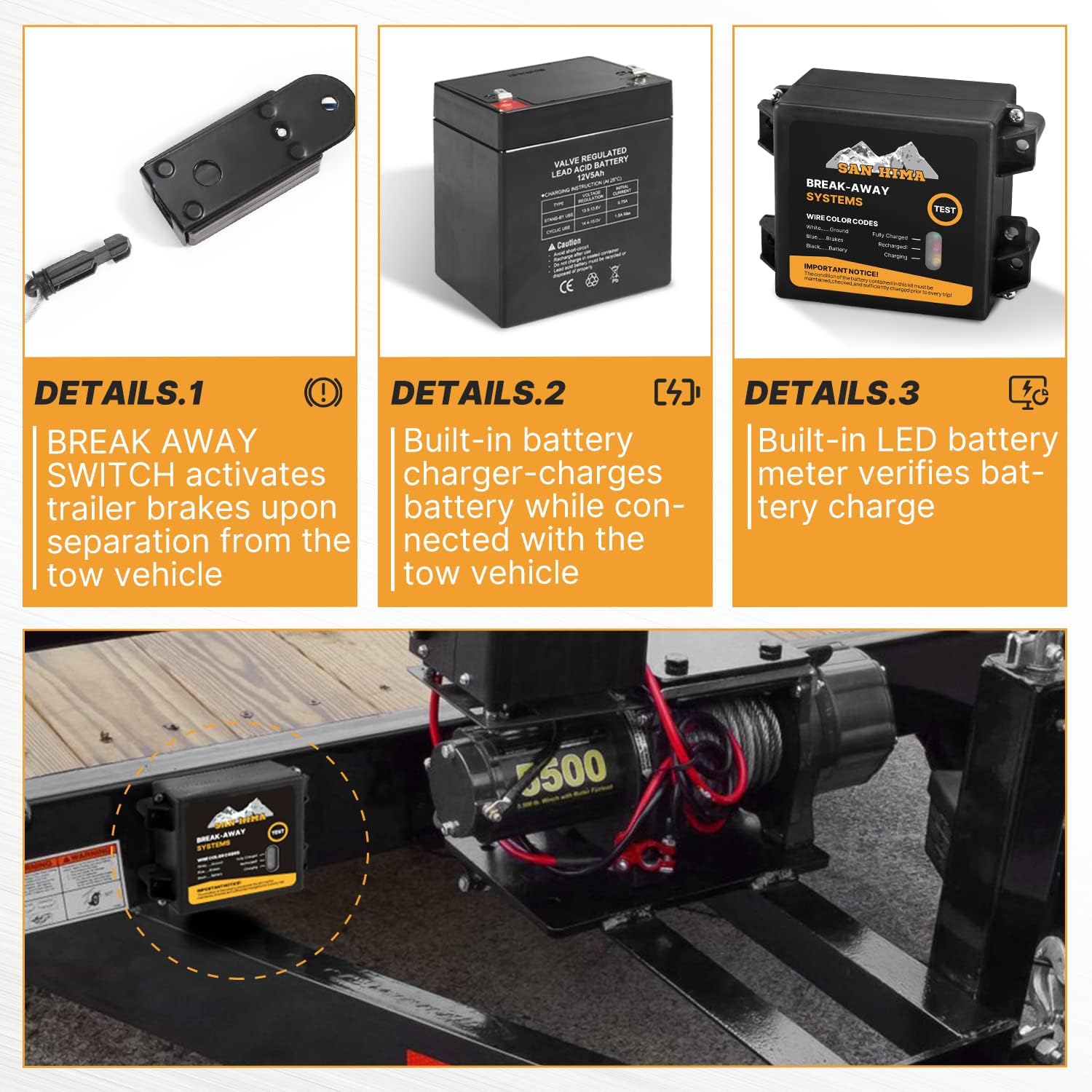 FIERYRED Trailer Brakes Breakaway Kit-LED Indicator, Switch, 12V 5AH Battery for Trailer Caravan,Valved Regulated Sealed Lead Acid Battery JP12-7 12V 7AH