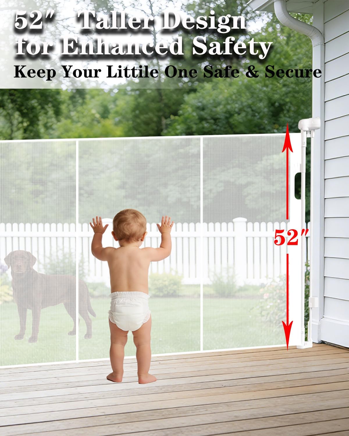 280'' Extra Wide Retractable Baby Gates for Large Opening, 52" Tall Retractable Dog Pet Gate with Support Rods, Long Mesh Screen Child Safety Gate for Garage Doorways Deck Stairs Yard Outdoor Indoor