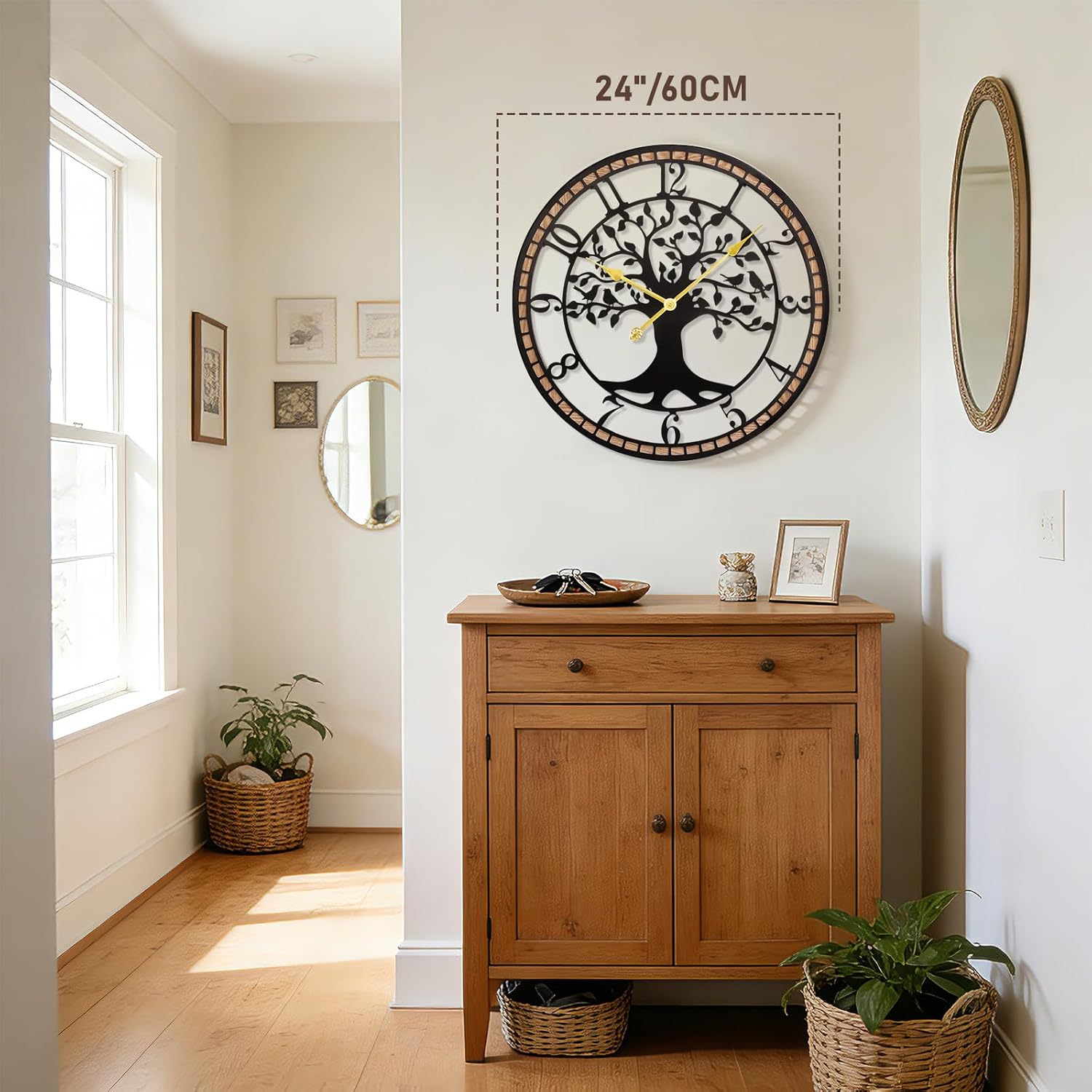 Large Wall Clock,24“ Tree of Life Metal & Wood Wall Clock with Bird Design,Decorative Non-Ticking Wall Clock for Living Room,Farmhouse Home Decor Arab 24'' x 24''