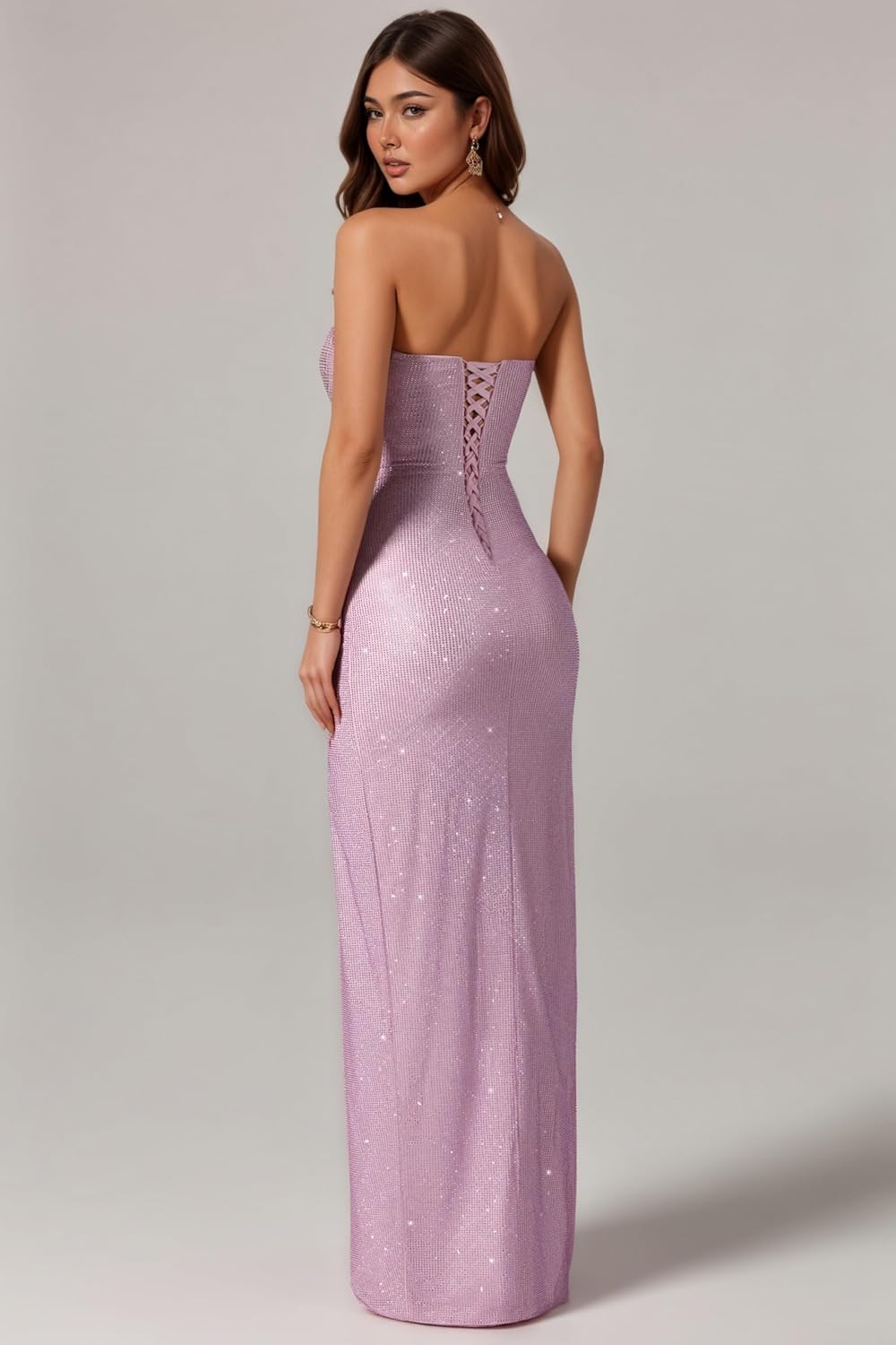 Sparkly Sequin Mermaid Prom Dresses for Women Strapless Cowl Waist Formal Evening Gown with Slit