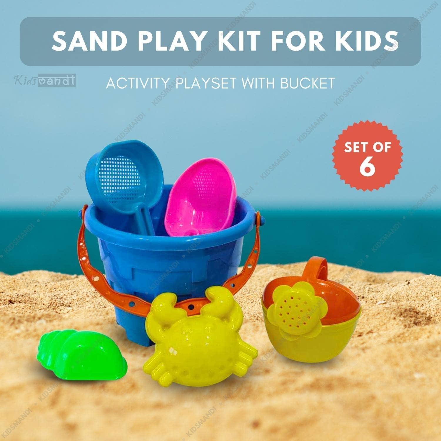 Kids Mandi 6PCS Beach Sand Kit Toy Set for Toddlers | Bucket, Shovels & Fun Molds | Outdoor Play Kit for Kids | Creative Beach & Garden Activity Toys (Color May Vary)