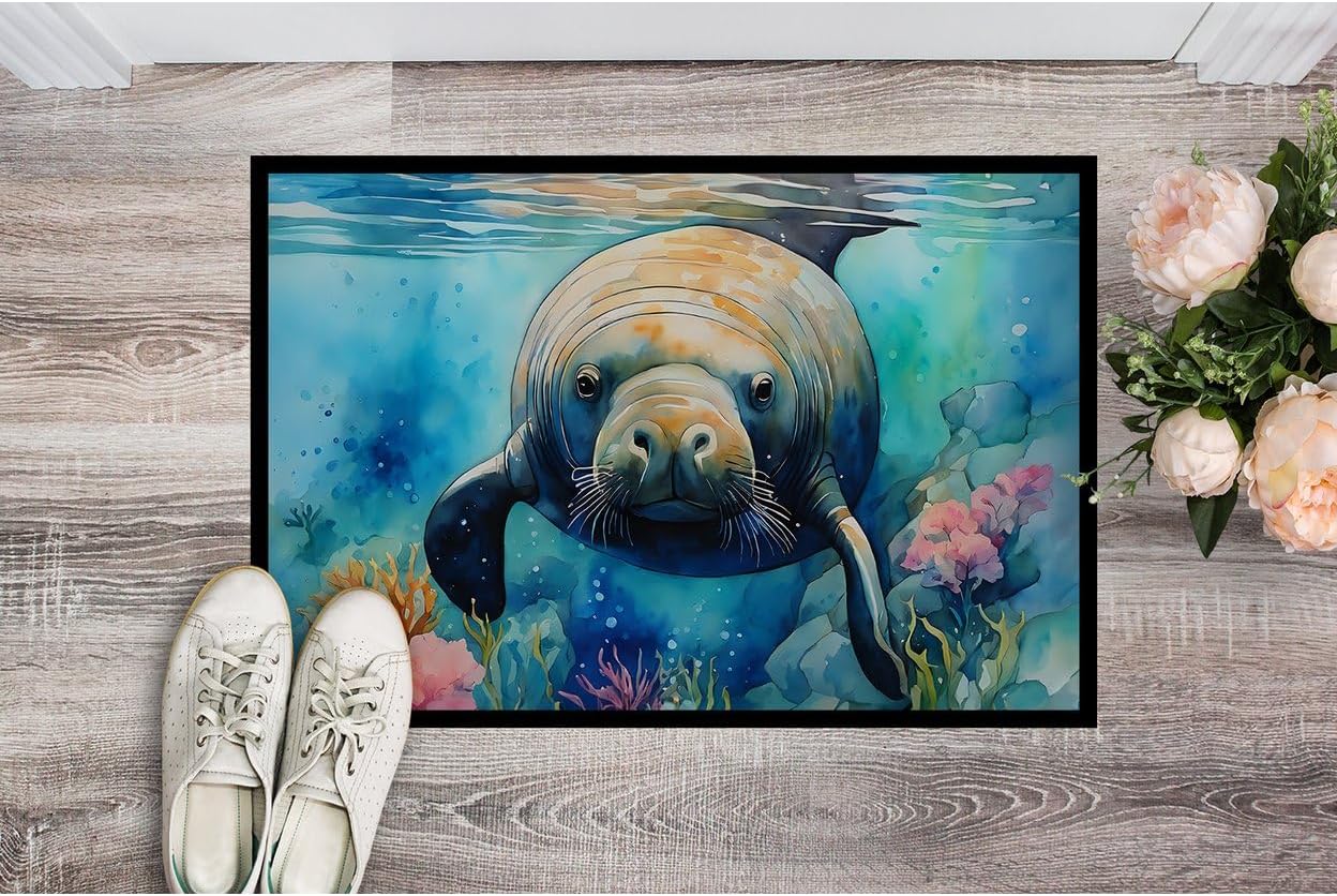 Caroline's Treasures DAC2814MAT Manatee Doormat Front Door Mat Indoor Outdoor Rugs for Entryway, Non Slip Washable Low Pile, 18H X 27W
