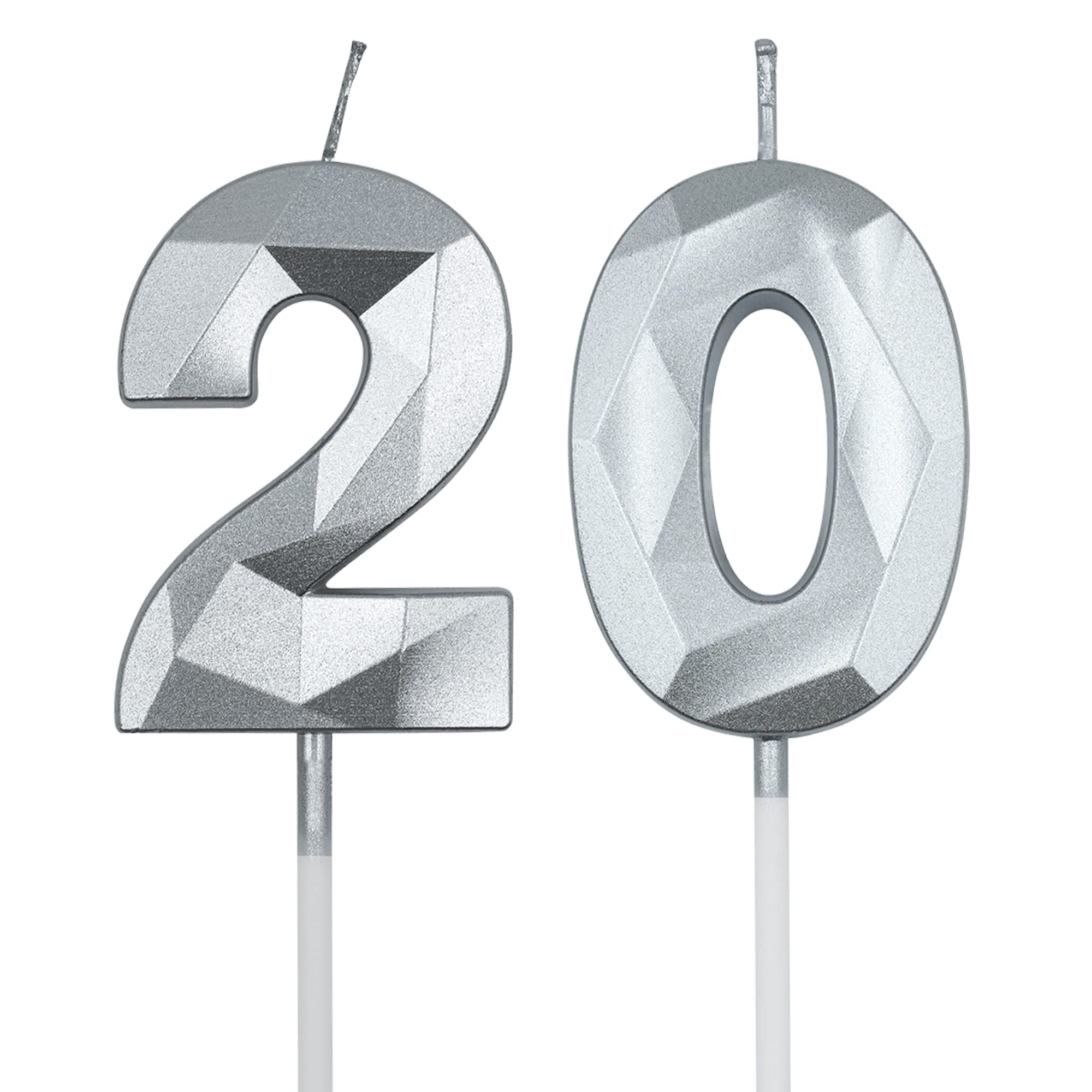 Velas de cumpleaños número 20 para tarta, número 20 plateado en forma de diamante, decoración de cumpleaños, suministros de fiesta para niñas, niños, mujeres u hombres