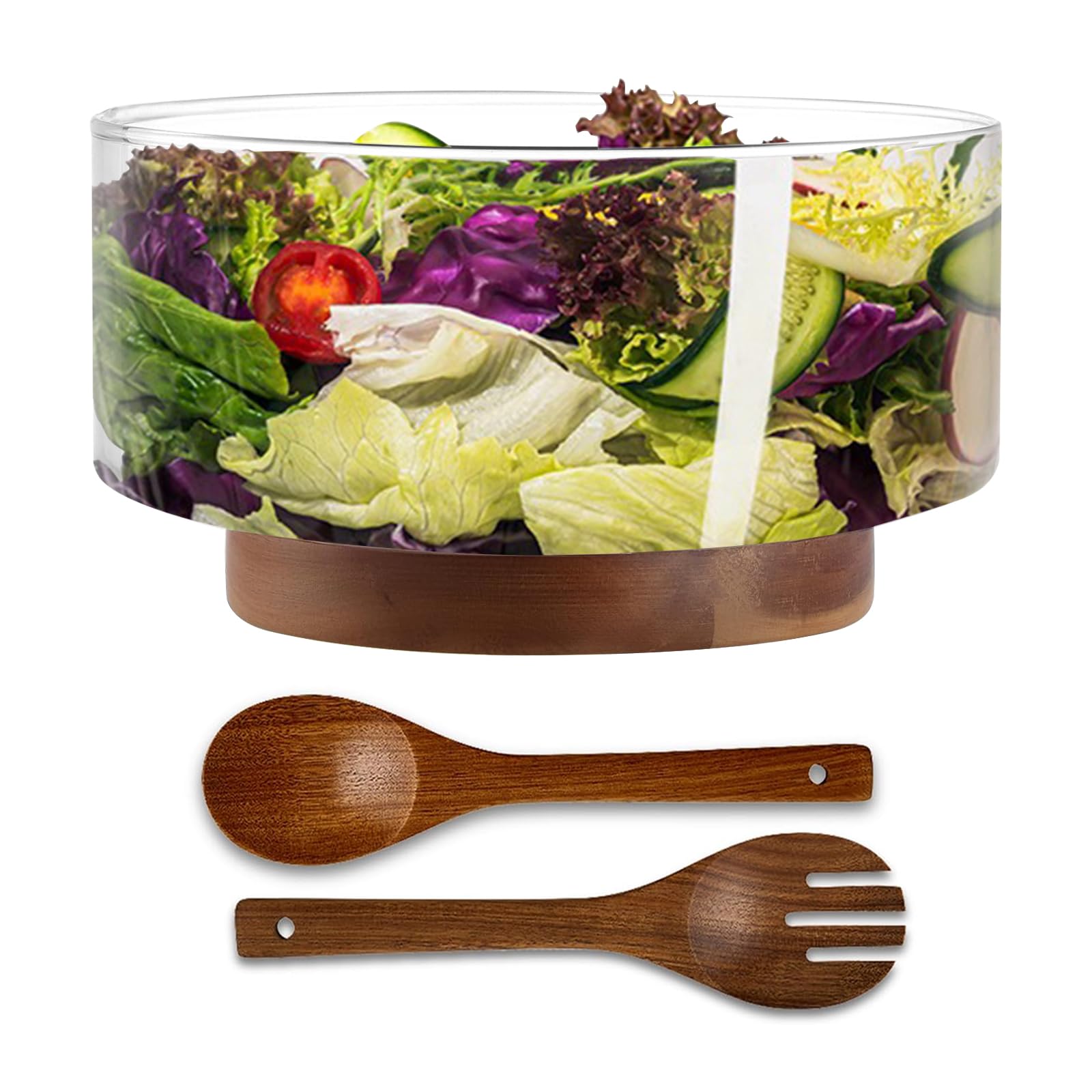 Ensaladera grande con 1 cuchara y 1 cucharada, cuenco de ensalada de vidrio con base, servir para fiestas, frutas, ensalada, patatas fritas