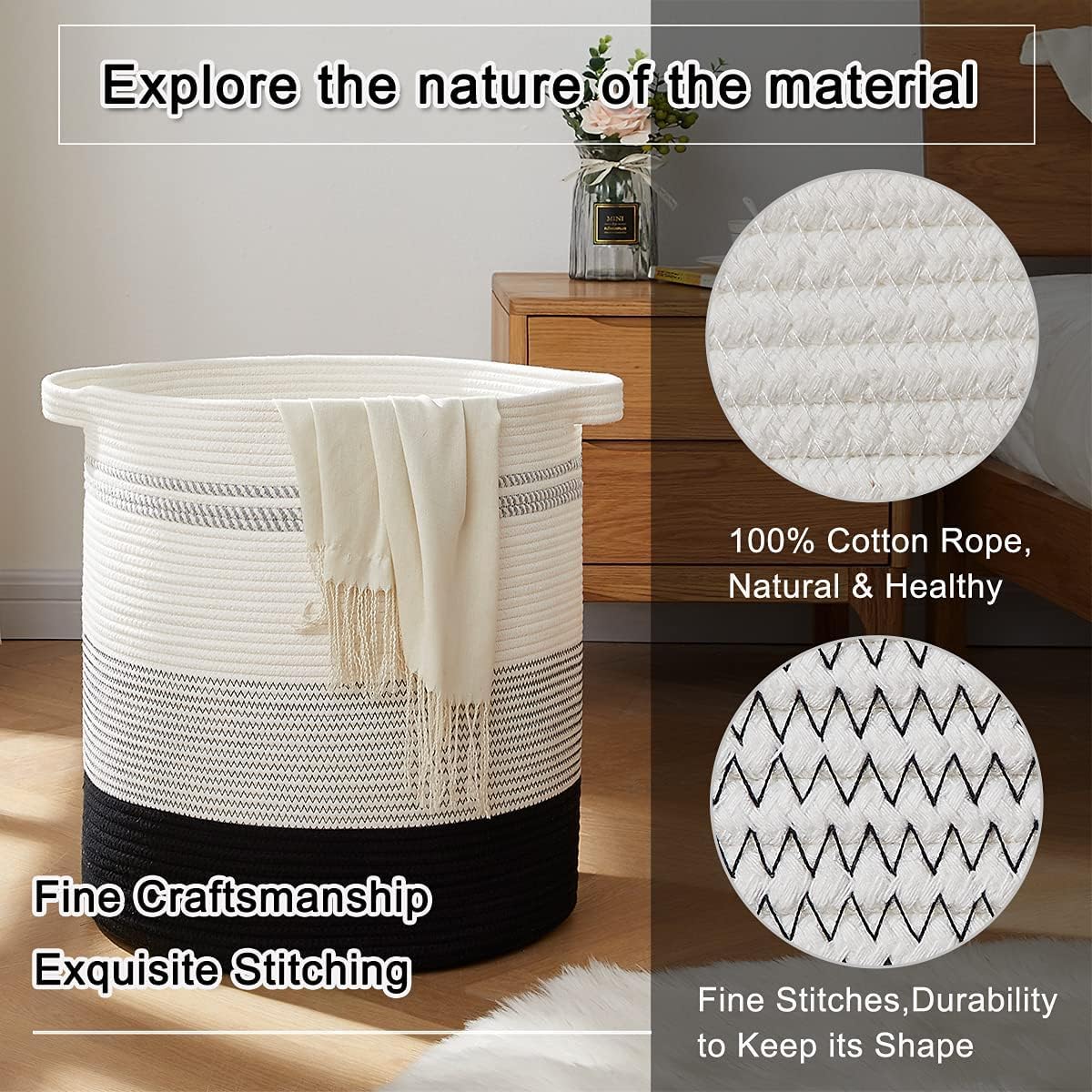 Cesto Bucato Cesti per Biancheria da 58 Litri Cesto per Intrecciata Portaoggetti con Manici per Vestiti per Soggiorno Accessori per Bagno(C)