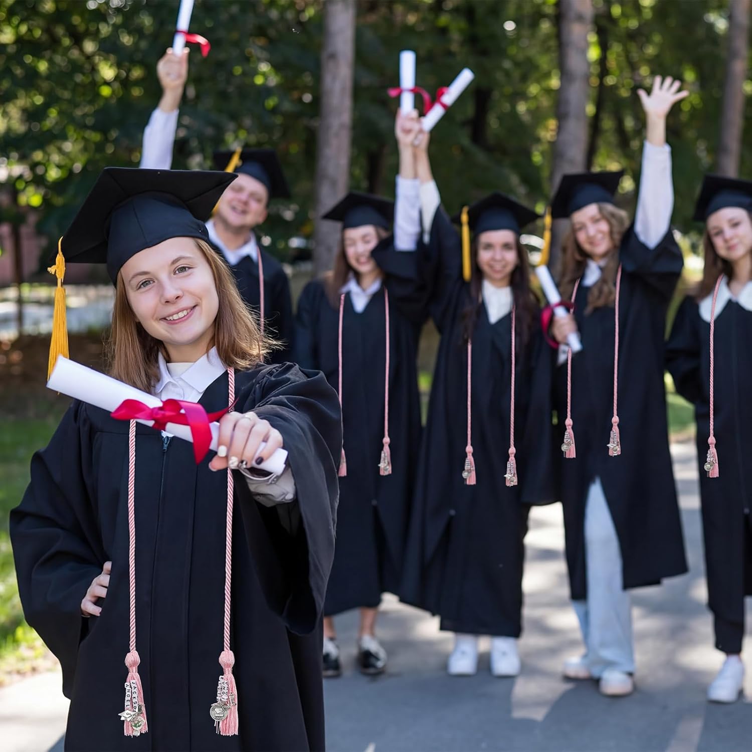 Kigeli 12 Pack Honor Cord for Graduation Friendship Cords Include 12 Pcs 67" Pink Grad Cords with Tassels, 520 White Letter Beads, 30 Pcs Graduation Pendant Charms for Class of 2026 Grad Decor