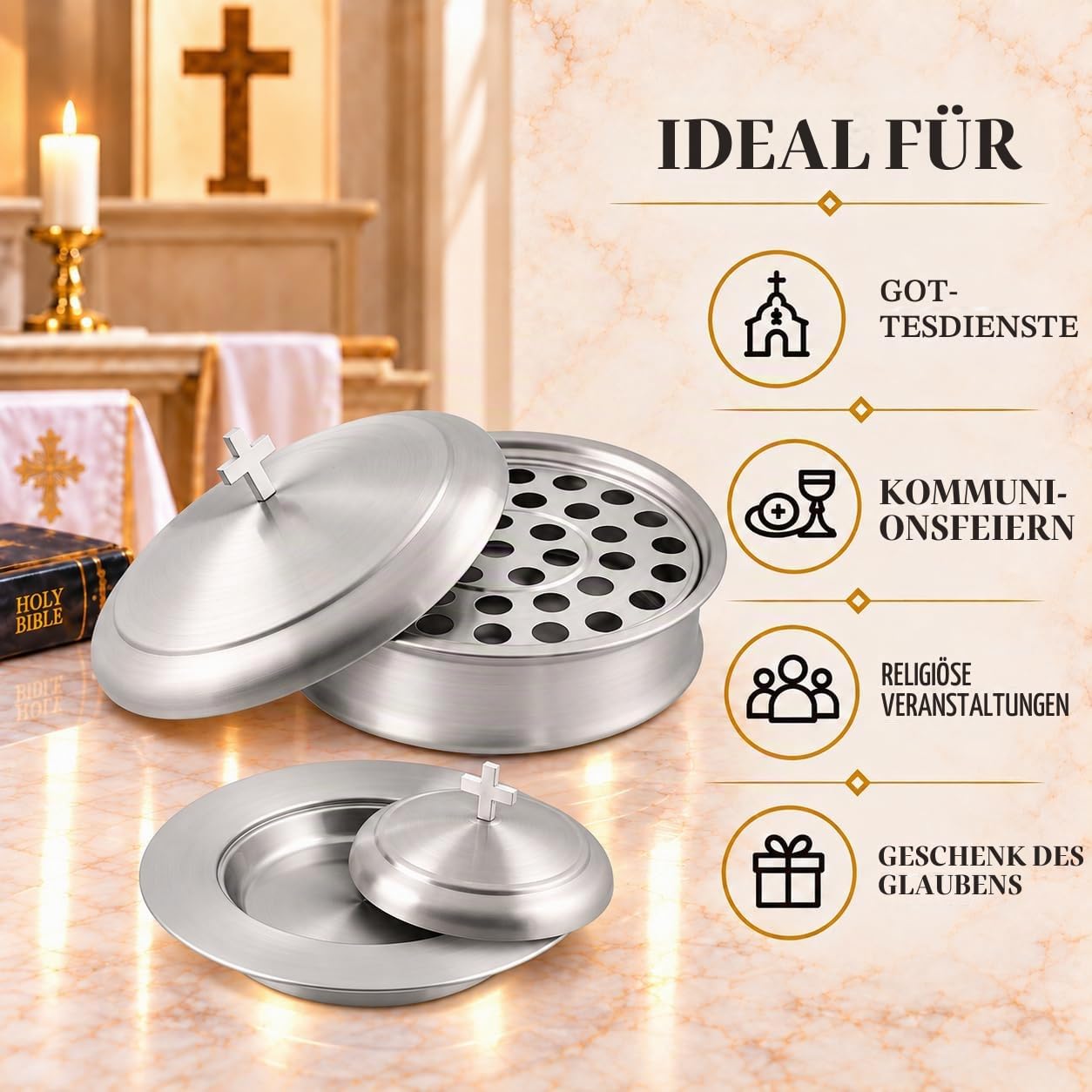 Kommuniongeschirr-Kirchenset | Stapelbar, 2 Kommuniontabletts mit Deckel und 2 Brotteller mit Deckel, 80 Becher enthalten | Ideal für Kirchen | Edelstahl – Satiniertes (mattes) Finish