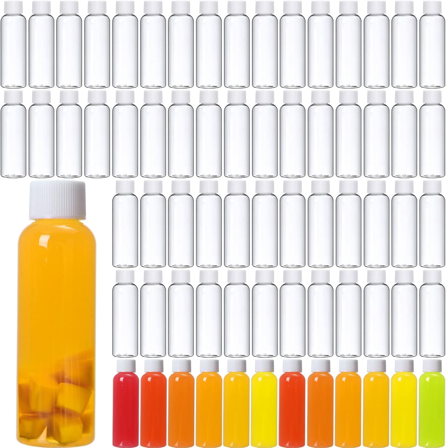 Eccliy 100 Pcs 2oz Clear Plastic Bottles Mini Bottle with Screw Lid Small Empty Reusable Liquid Vial Freezer Safe Container Leak Proof for Juice Milk Water Wedding Party