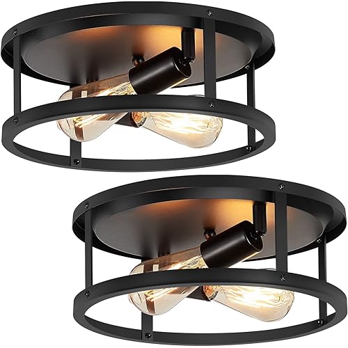 XPEHK 2 Pack Flush Mount Ceiling Light,13 Inch Industrial Farmhouse Ceiling Light Fixture,2-Light Matte Black Flush Mount Light Fixture for Kitchen Dining Room Entryway Hallway,E26 Base