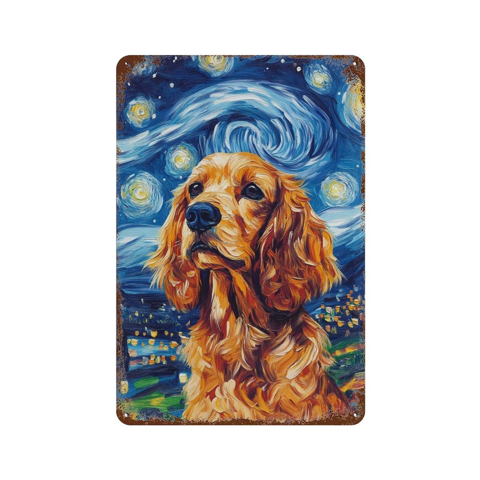 Rust Effect Starry Night Cocker Spaniel Art Print -3 Rusty Metal Tin Sign 11.8"x7.9", Farmhouse Wall Decor for Cafe, Home Bar And Lounge Decor