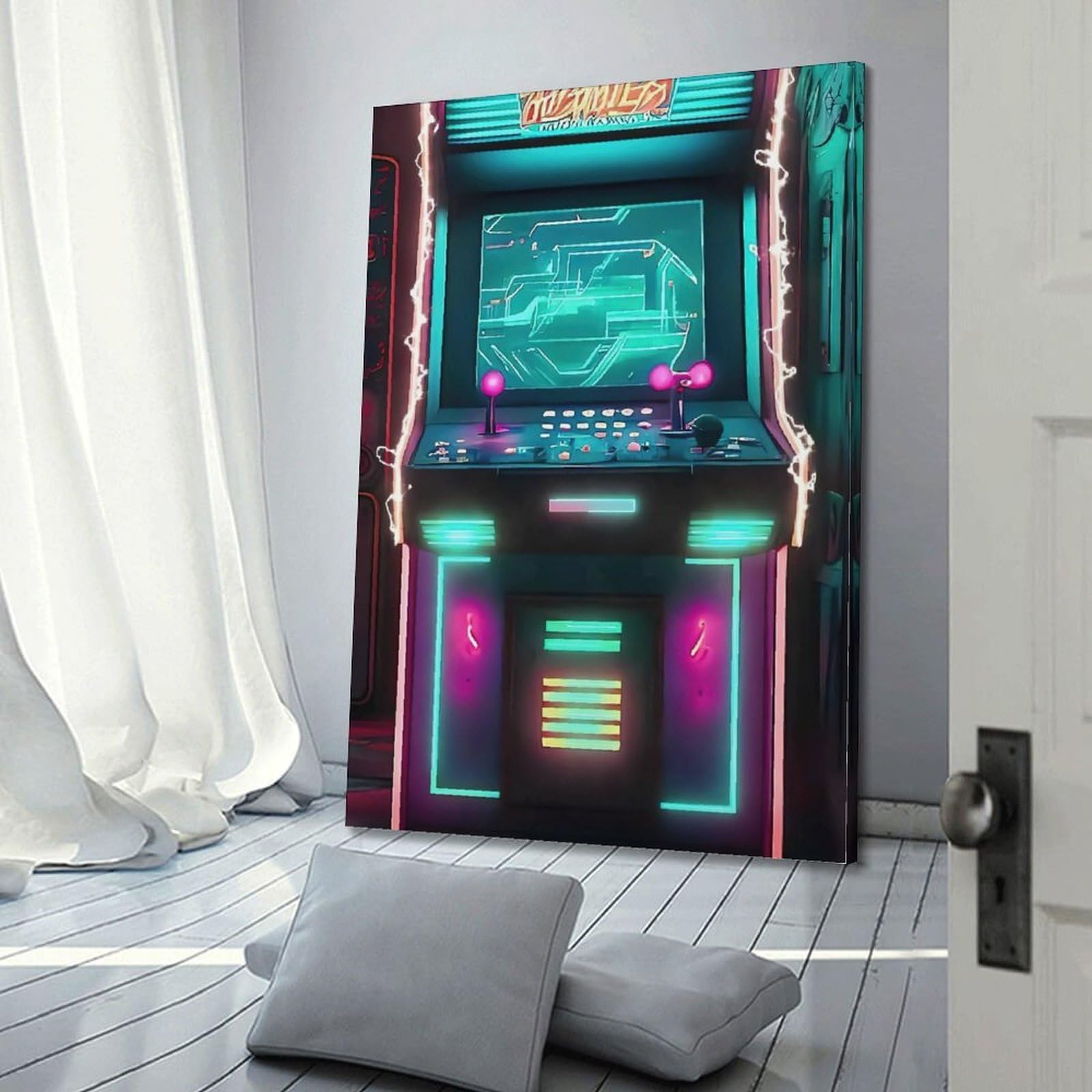 Stampa artistica da parete moderna su tela, poster di videogiochi, macchina arcade al neon, pittura creativa su tela, 40 x 60 cm, con cornice