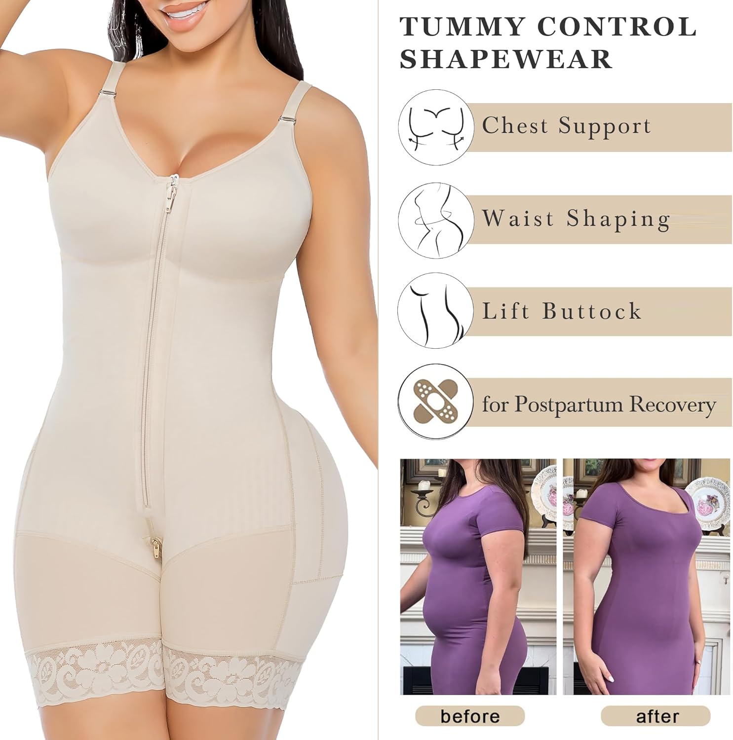YIANNA Fajas Colombianas Moldeadoras Postpartum Shapewear for Women Tummy Control Butt Lifter Body Shaper with Zipper Crotch - Image 6