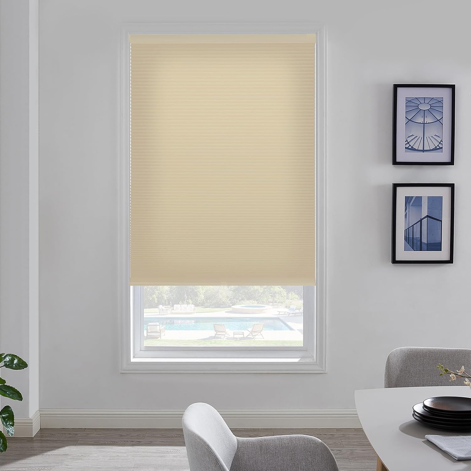 No Drill Cellular Shades, Beige Custom Size Cordless Light Filtering Pull Down Pleated Honeycomb Blind Thermal Insulated Easy Install for Indoor Window Bedroom Living Room Kitchen Door