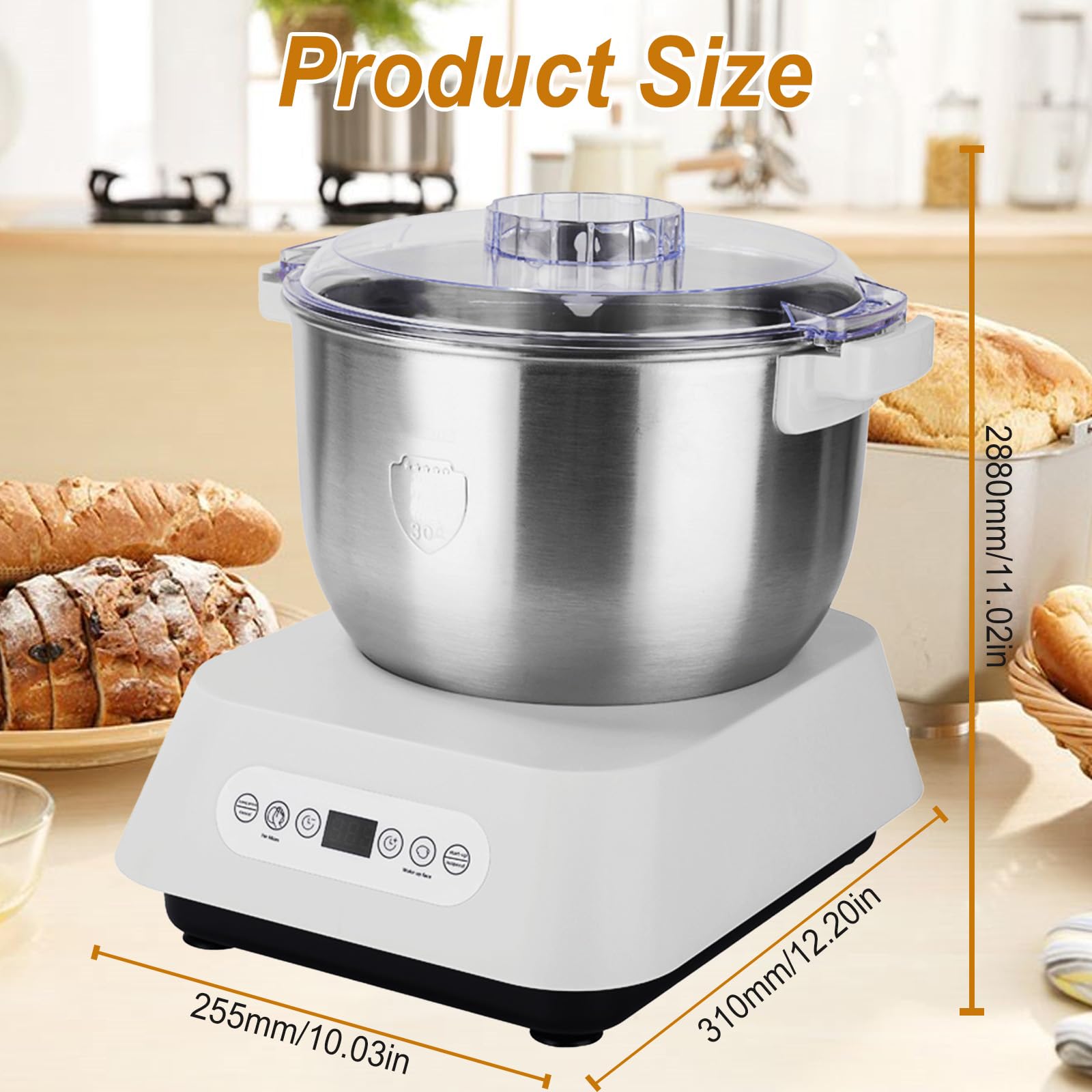 Edelstahl Teigmehl Mixer, 7L Teigknetmaschine mit Fermentierungsfunktion, Edelstahl Teigmaschine mit Timing, Touch Panel, auswechselbarer Klinge für das Backen zu Hause