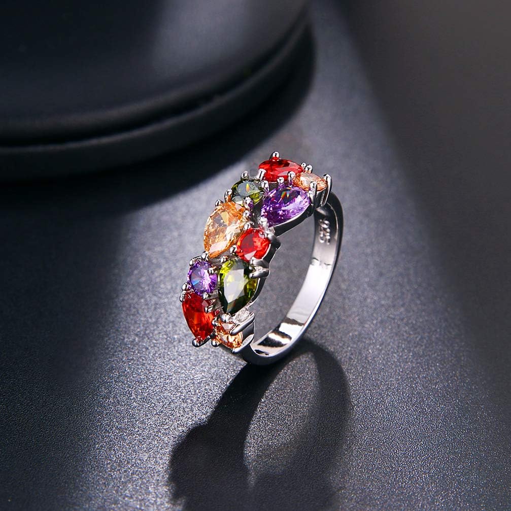 Silver Angel Multicolor Ring Cubic Zirconia Mother's Day Jewelry for Mom Her Band Ring for Women 6 7 8 9 10