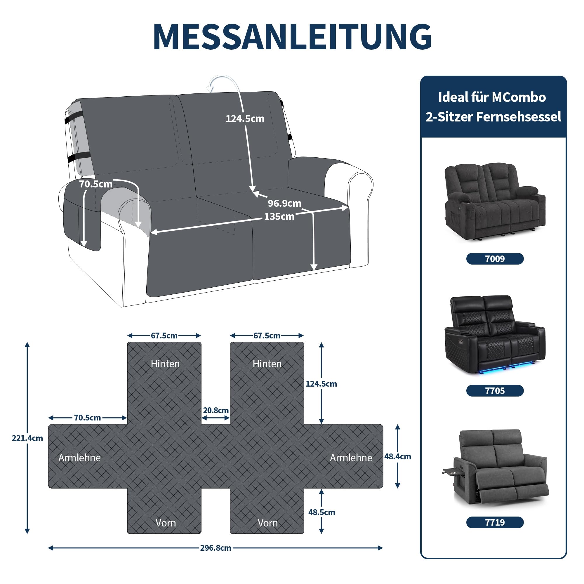 M MCombo 2 Sitzer Sesselschoner für Relaxsessel, Wasserdicht & Anti-Rutsch Sesselbezug mit Armlehne & Taschen, Kratzfester Sofabezug für Fernsehsessel 7009 7705 7719, 1833M1 (2-Sitzer)