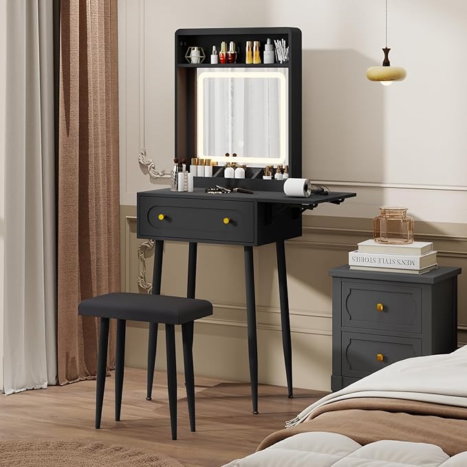 YOURLITE Small Makeup Vanity Desk with Lights, Compact Vanity Desk with Adjustable Brightness Mirror for Small Spaces, Dressing Table with Drawers and Storage Shelves