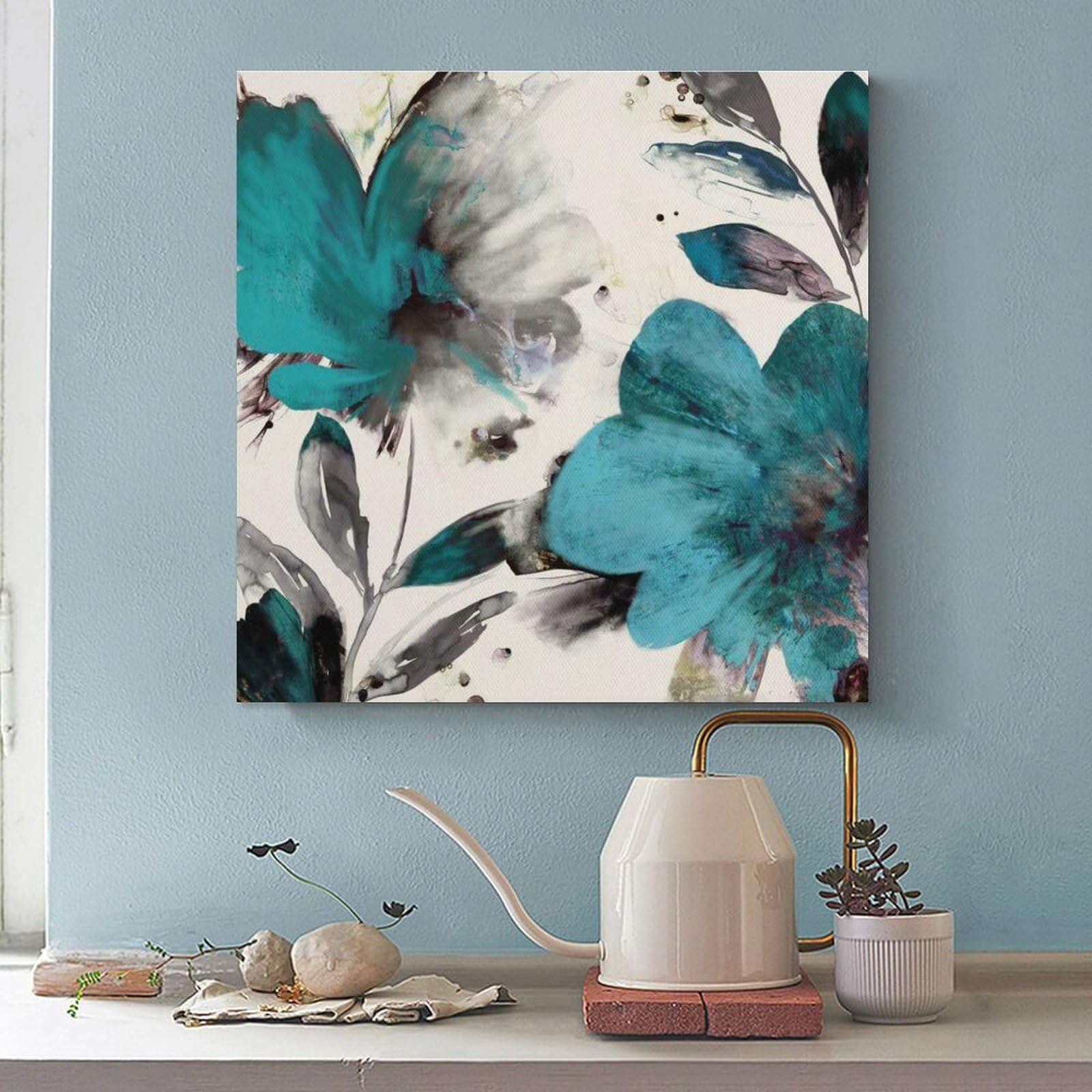 Amazon.co.jp: 絵画 ターコイズブルーの花の水彩画インテリア 絵画