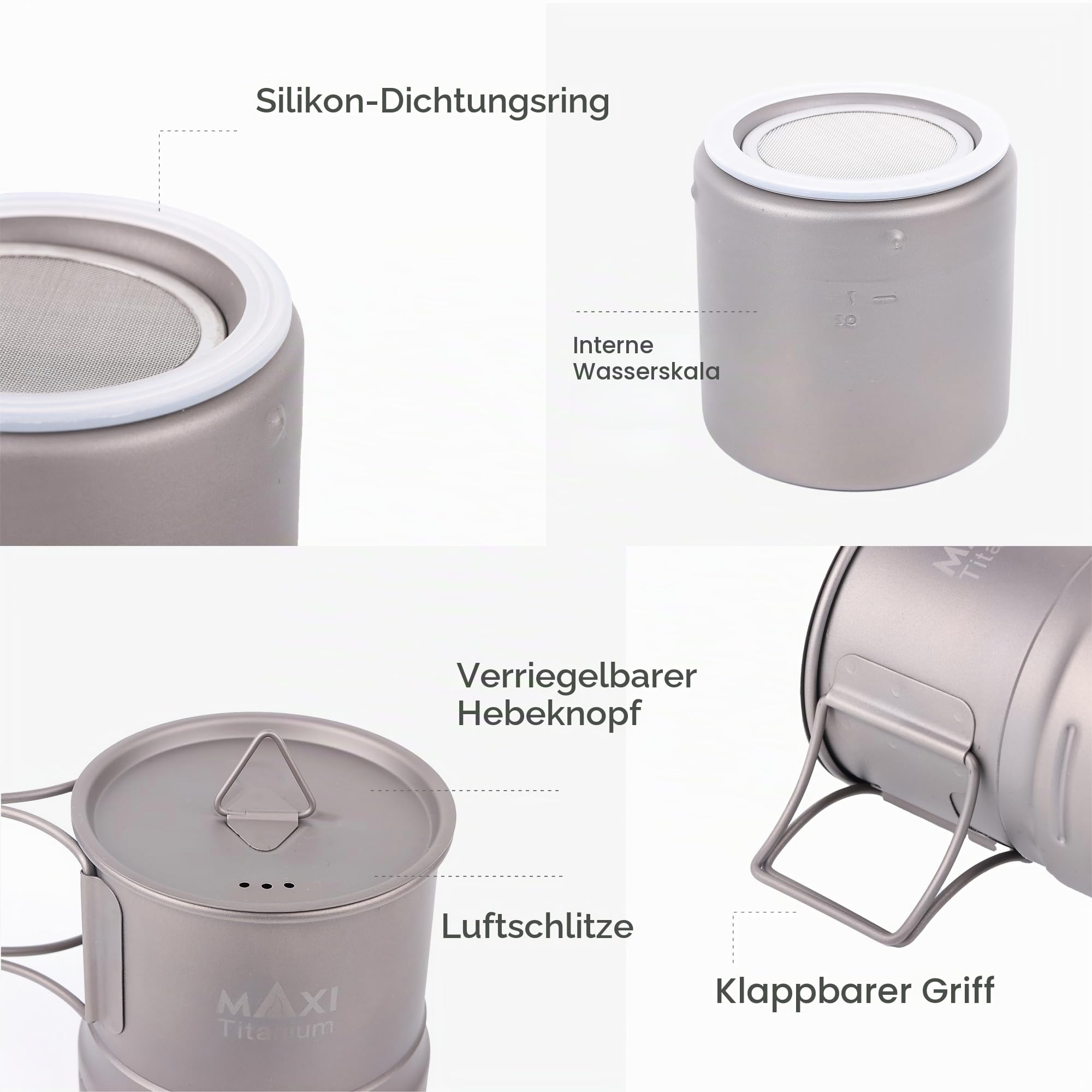 Maxi Camping Kaffeekocher Titan Moka Topf Kaffee French Press Camping Kaffeemaschinen für Outdoor Reisen Picknick Wandern Garten Lagerfeuer, 5oz jedes Gebräu, ACM-01, Gray