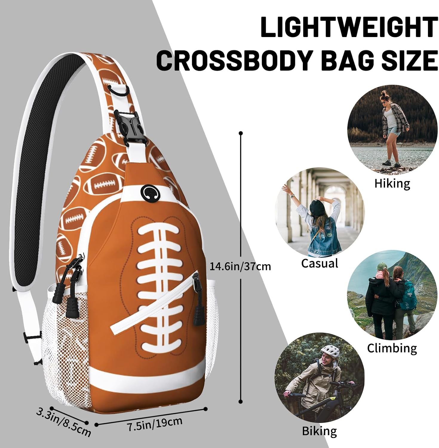Brown Football Sling Bag Crossbody Chest Bag for Women Men, Water Resistant Lightweight Casual Crossbody Bag with Adjustable Strap, Travel Hiking Daypack Shoulder Backpack