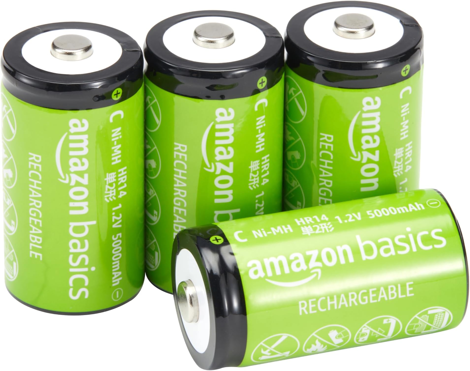 Amazon Basics 4-Pack, Rechargeable C Cell NiMH Batteries, 5000maAh, Recharge up to 1000x Times , Pre-Charged