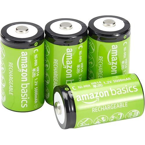 Amazon Basics Rechargeable C Cell Batteries, 4-Pack, NiMH, 5000 mAh, Recharge up to 1000x Times, Pre-Charged