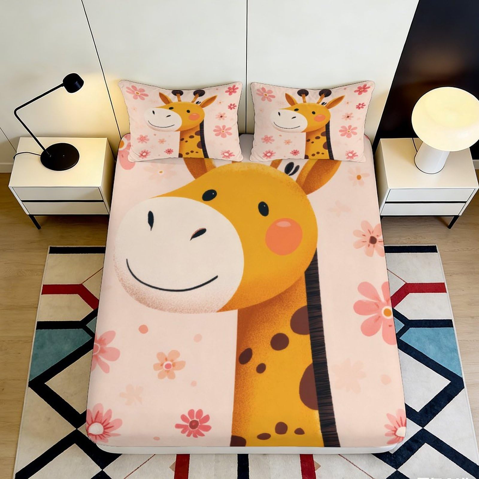 3D Printed Cartoon Giraffe Fitted Sheet Microfiber Floral Bed Cover for Bedroom Dorm Mattress Protection Decor 90x200x25cm