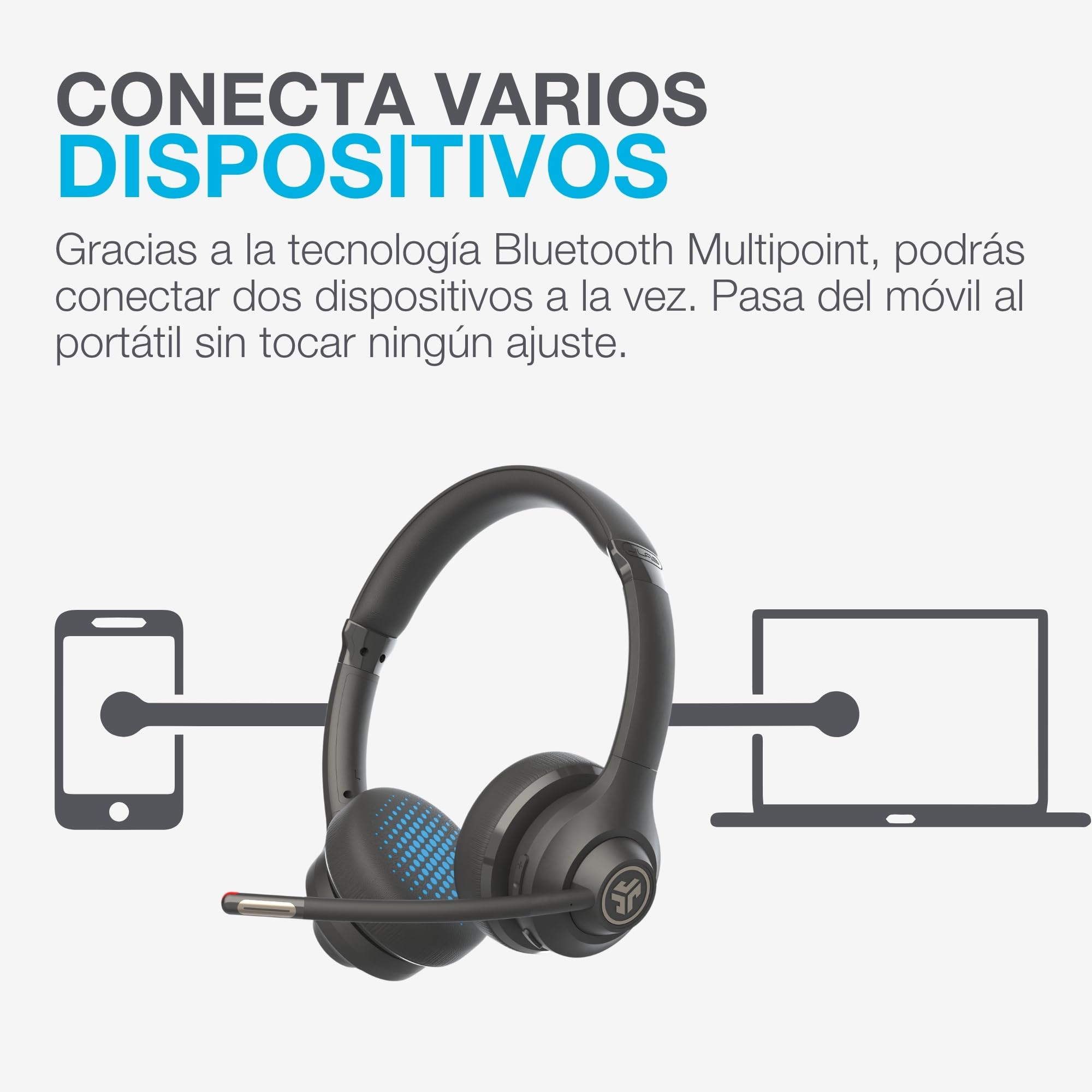 JLab Go Work - Auriculares Inalámbricos de 2ª Generación con Micrófono, Más de 55 Horas de Reproducción Bluetooth o USB-C Dongle PC, Conexión Multipunto a Computadora y Móvil
