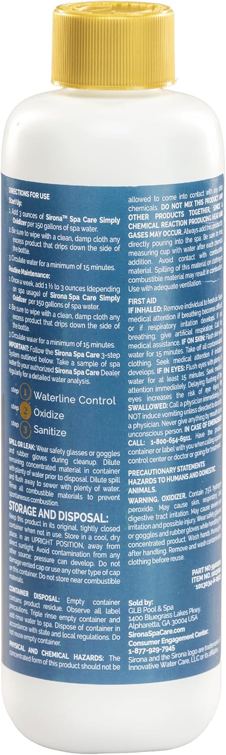 Sirona Spa Care Simply Oxidizer – Step 2 in the 3-Step Sirona Simply Chlorine-Free, Bromine-Free System for Spas & Hot Tubs, 32 fl oz (82137)