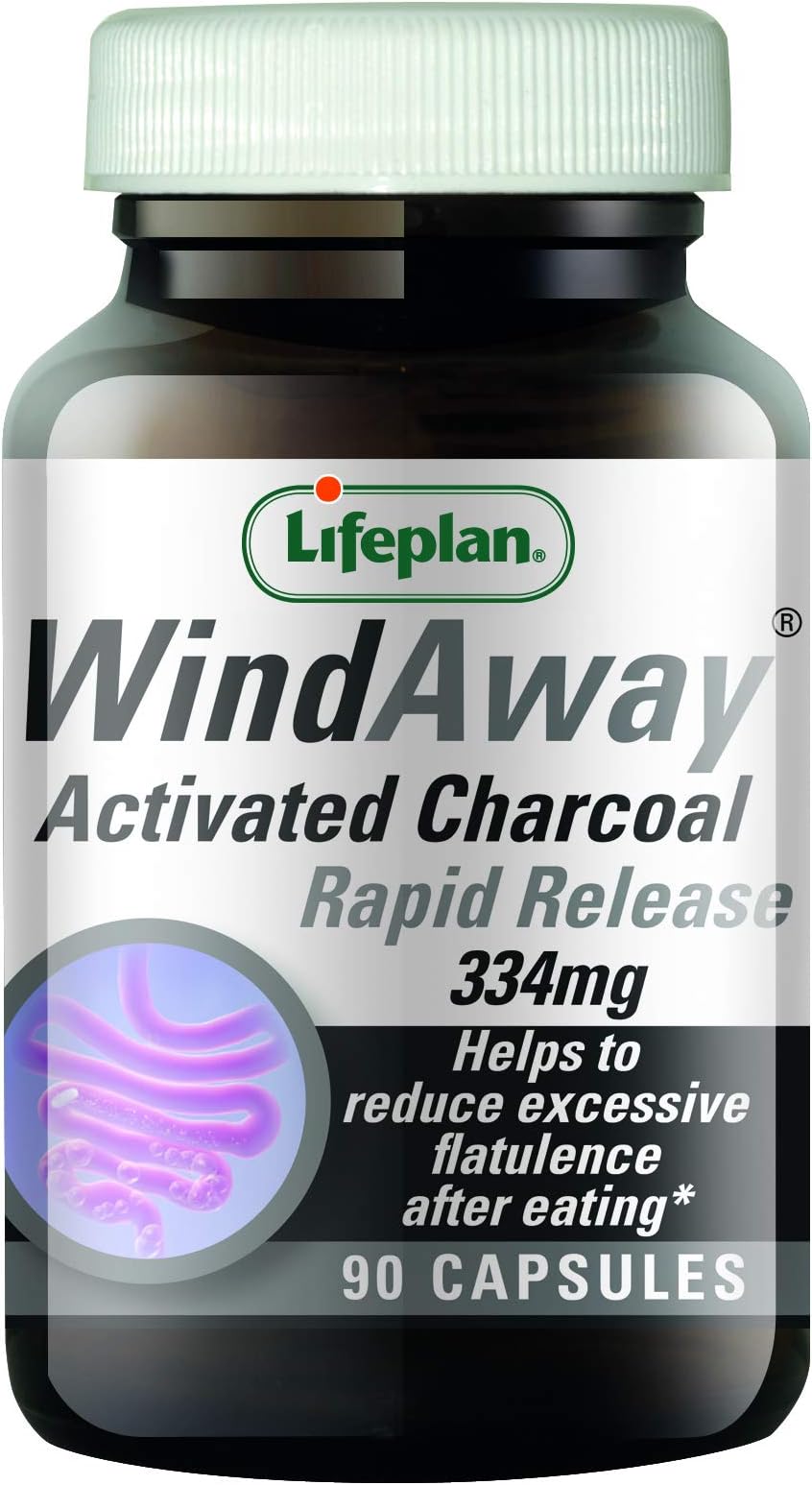 Lifeplan WindAway Activated Charcoal Capsules 334mg. Rapid Release. to Reduce Flatulence & Build up of inetinal Gas After Eating (180 Tablets)