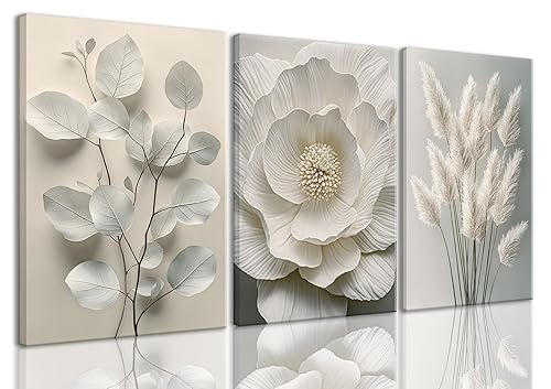 TUEASKY 3 Piece Canvas Wall Art Beige Wall Decor Flower