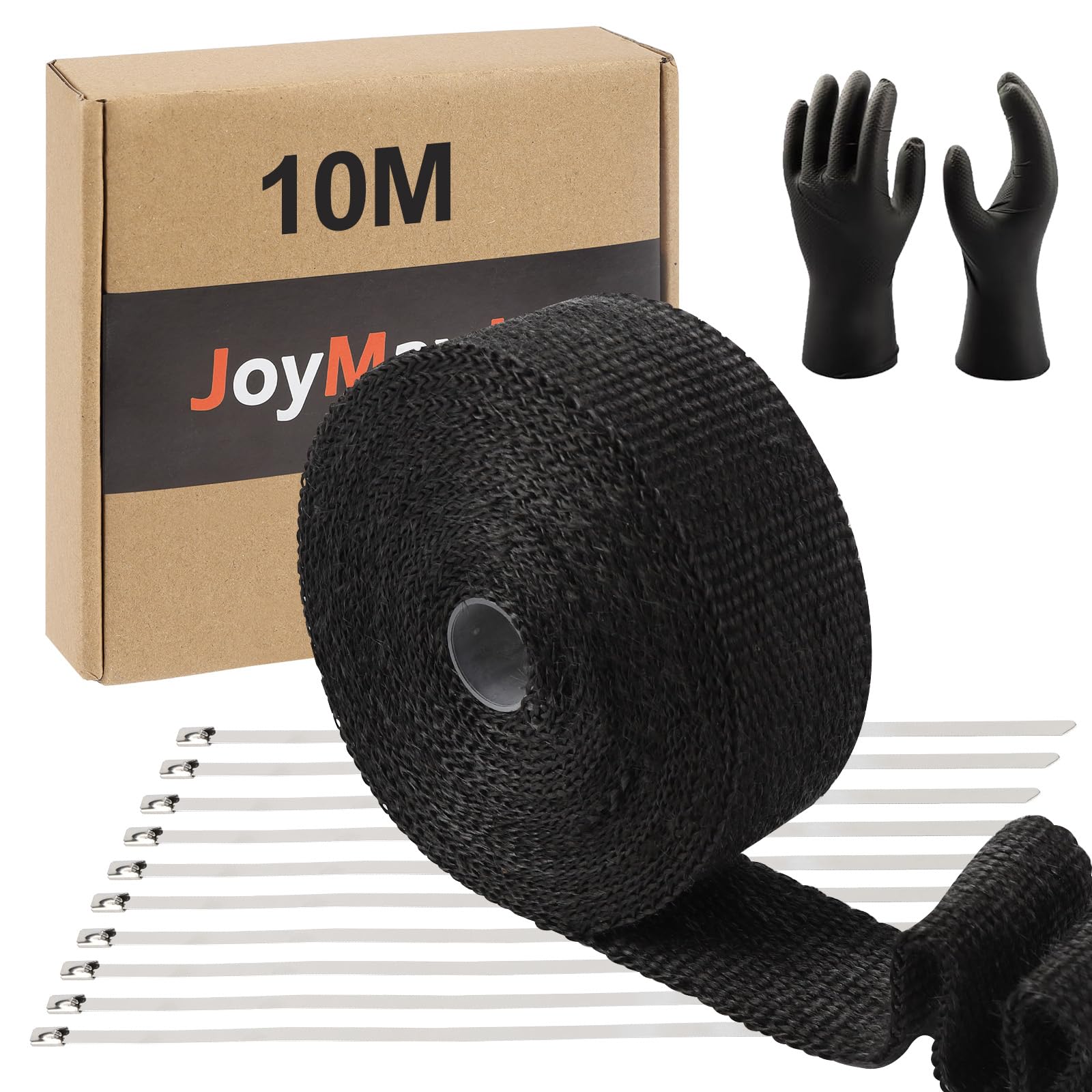 Joymaxjoy Black 2" X 30' Exhaust Heat Wrap Roll For Motorcycle Fiberglass Heat Shield Tape With 10Pcs Stainless Ties (10M)