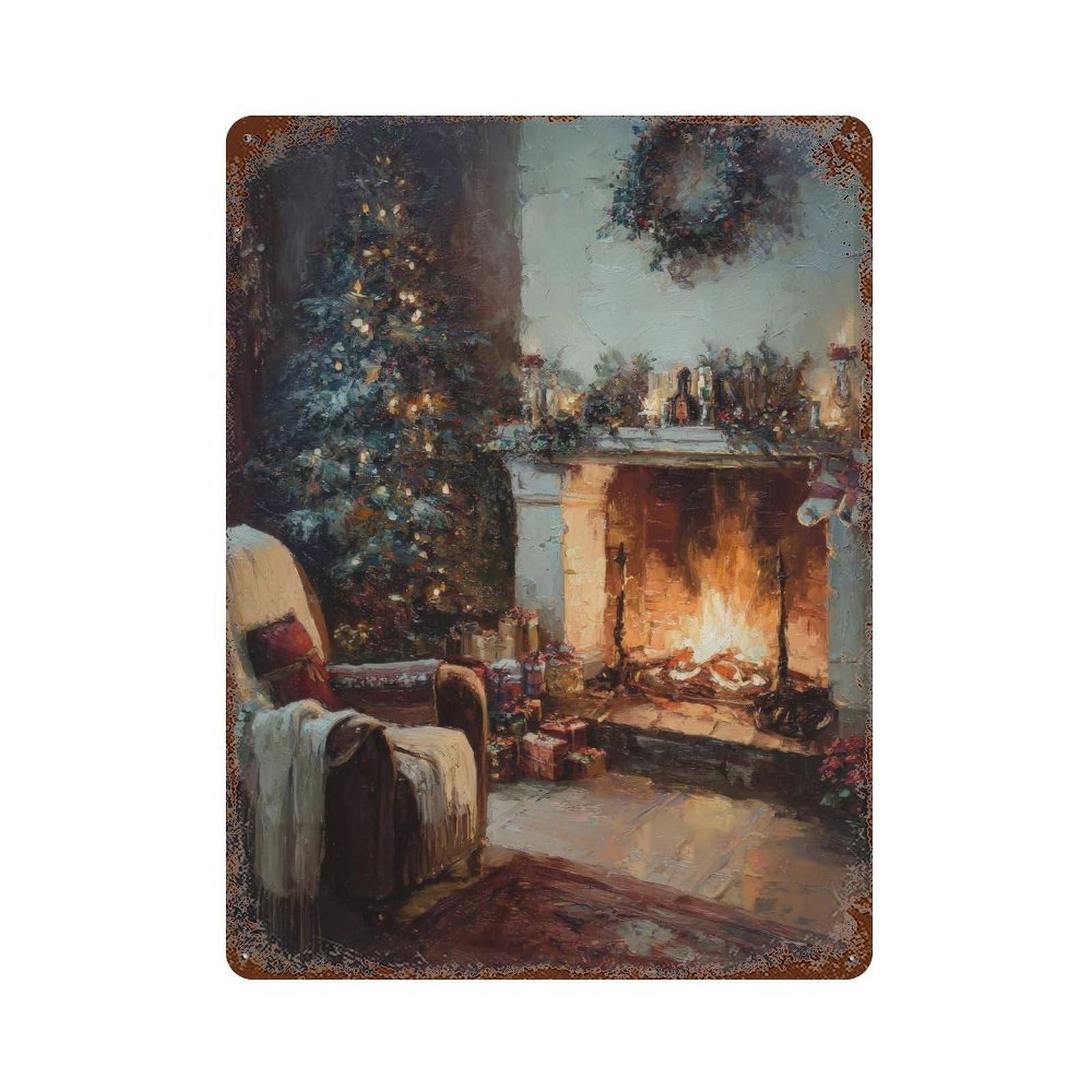 xiaoxiaoshen Christmas Fireplace. Cozy Impressionist Holiday Scene Wall Decor Art Metal Tin Poster Modern Home Decor Art Home Bar Shop Decorations Vintage Sign 40x30cm