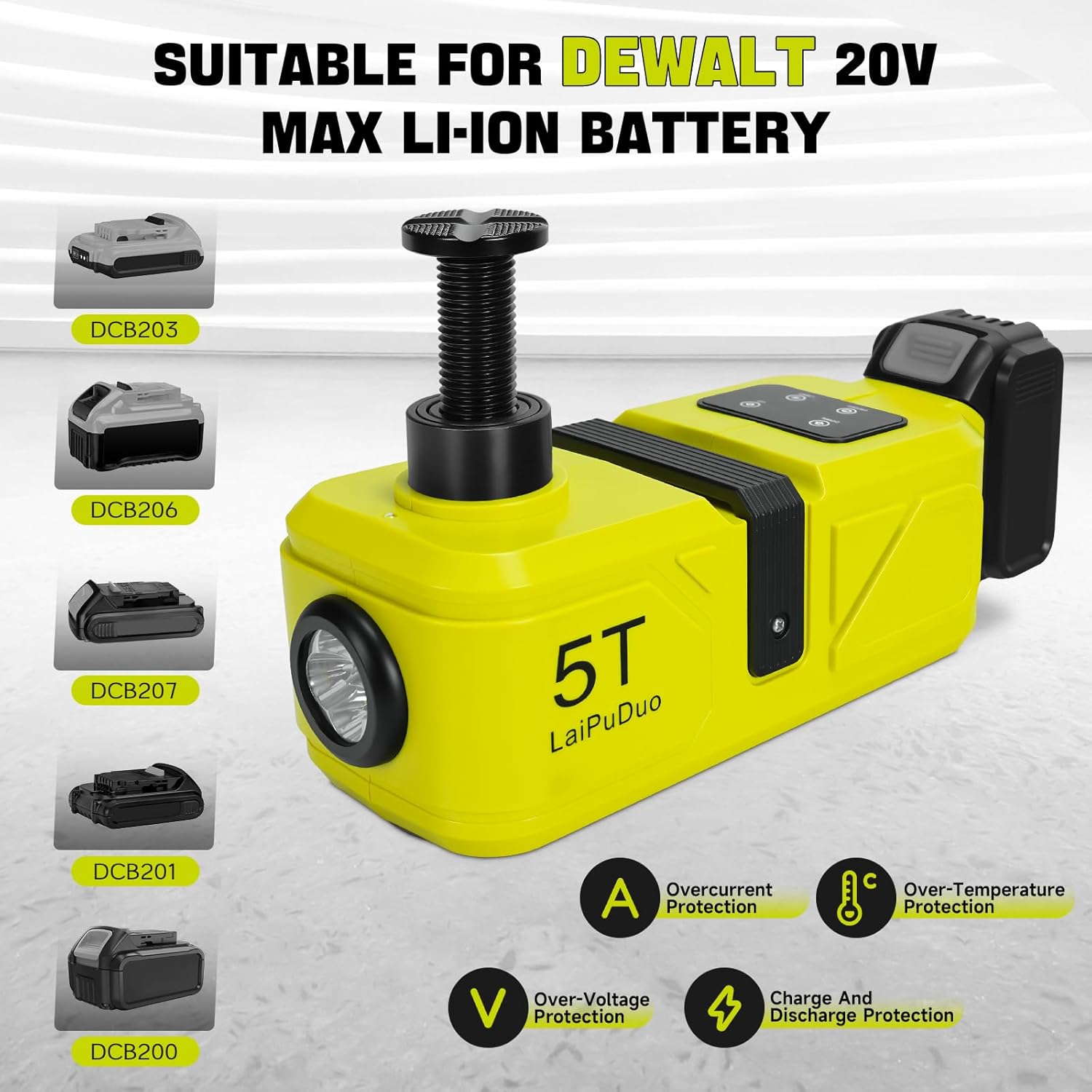 Electric Car Jack for DeWalt 20V Battery, 220W 5Ton Cordless Hydraulic Jack (Lifting Range:6.1~17.7 inch) with LED Light, Floor Jack Lift for SUV MPV Sedan Truck Change Tires Garage Repair