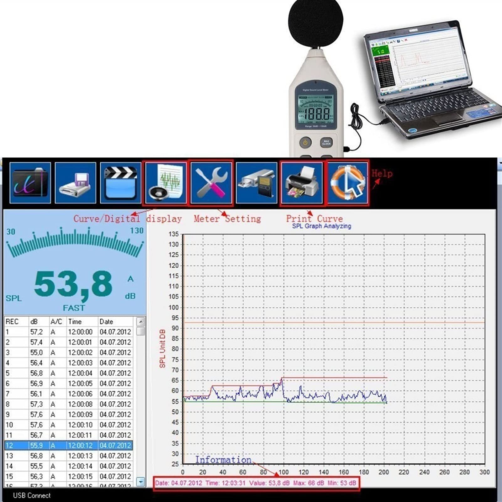 Medidor de Nivel de Sonido Digital Medidor de Ruido Nivel Sonido USB Decibel Mano Datos Meter