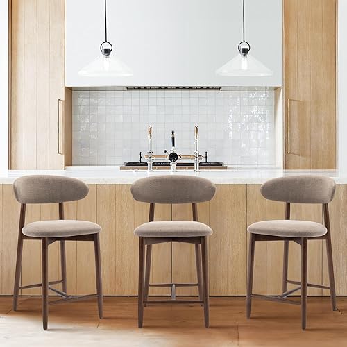 COLAMY Counter Height Bar Stools Set of 3, Kitchen Bar Stools with Back, Mid Century Modern Upholstered, with Wood Legs for Kitchen Island Dining Room Bar, Camel