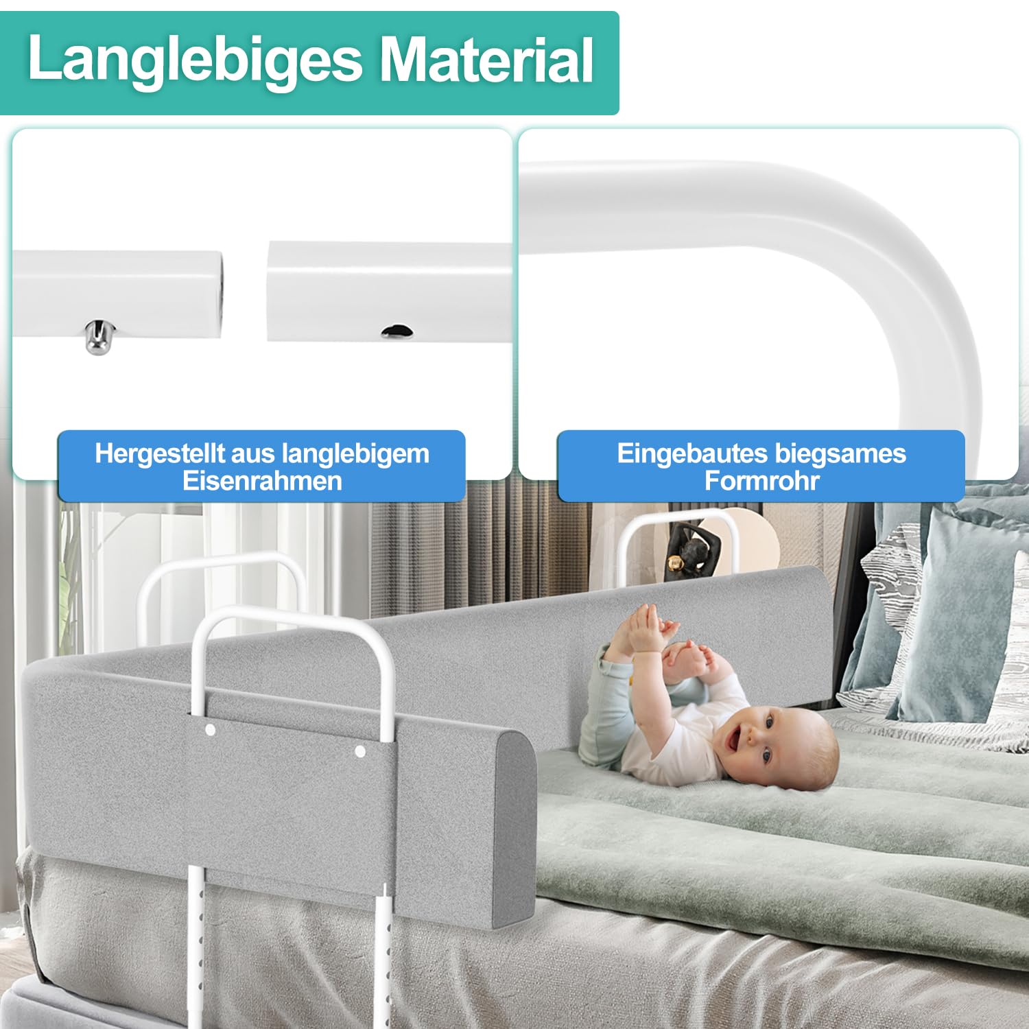 2xBettgitter für Kinder 180cm, Bettschutzgitter 5-Loch Höhenverstellbar, Rausfallschutz Bett, Kinderbettgitter, klappbar Bettgitter, Einfach zu Montieren, Grau
