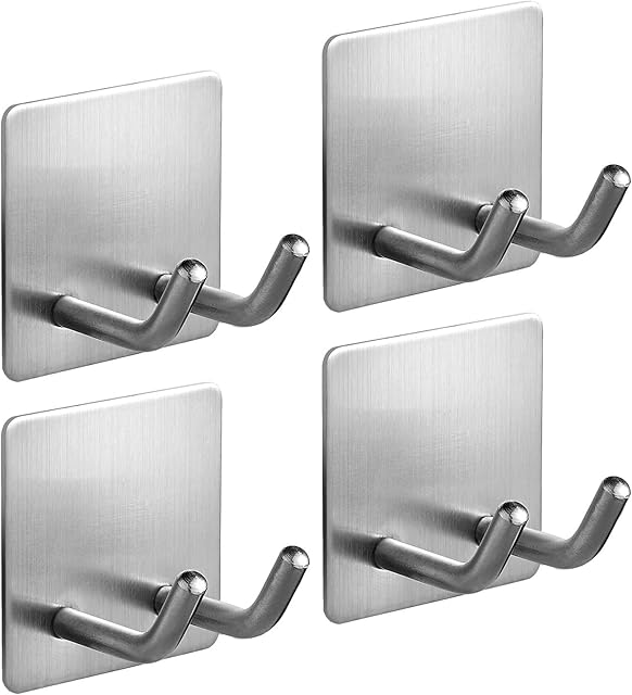 JS self Adhesive Hooks,Razor Holder for Shower 4 Pack Sticky Hooks Hanger Stand Stainless Steel Storage Hook,Shower Hook for Razor Bathroom Kitchen Organizer for Shaver Plug Robe Towel Loofah Coat