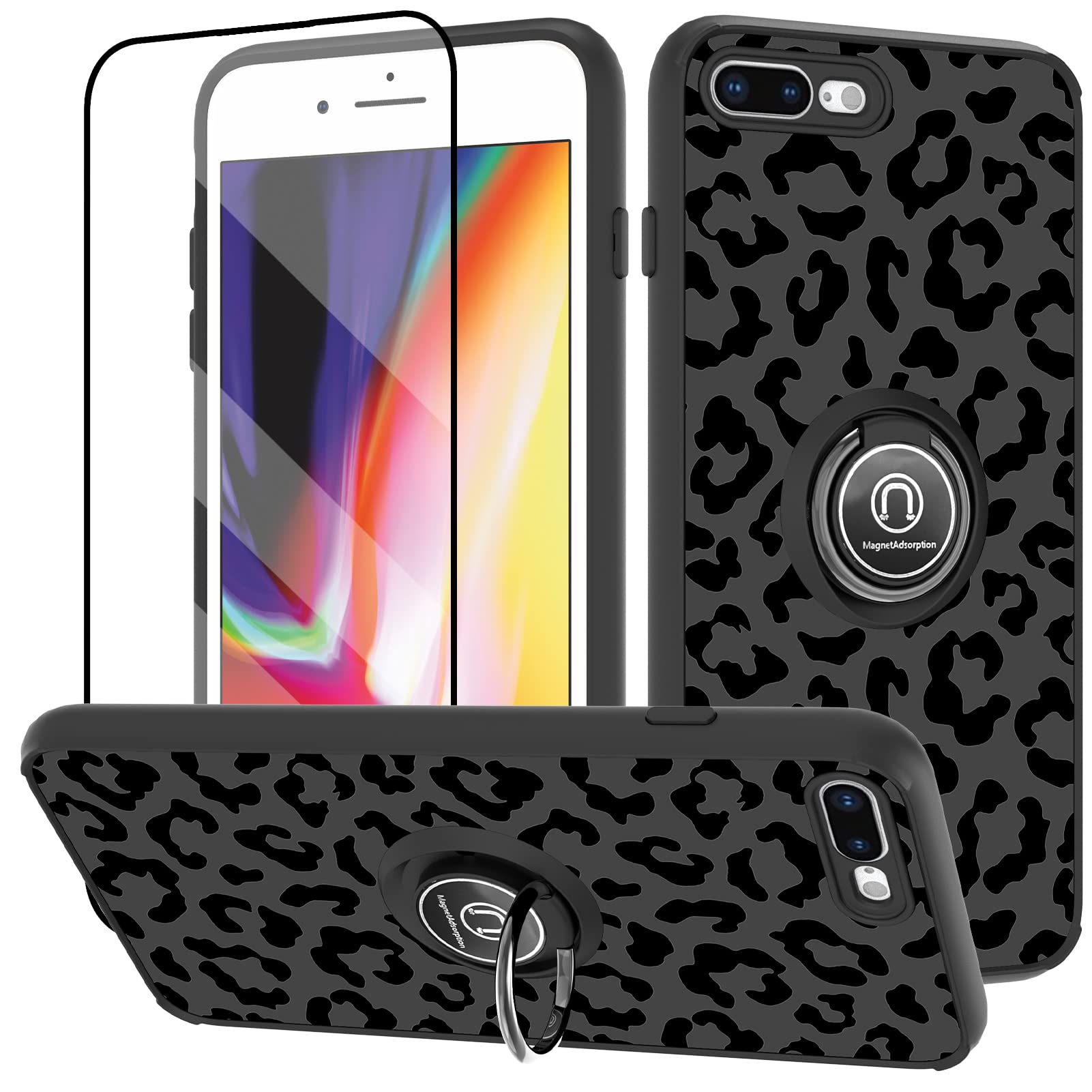 MOWIME Leopard Case Compatible with iPhone 7 Plus Case with Ring Stand & Screen Protector Black Leopard Shockproof Heavy Duty Protective with Magnetic Car Mount Holder for iPhone 8 Plus 5.5